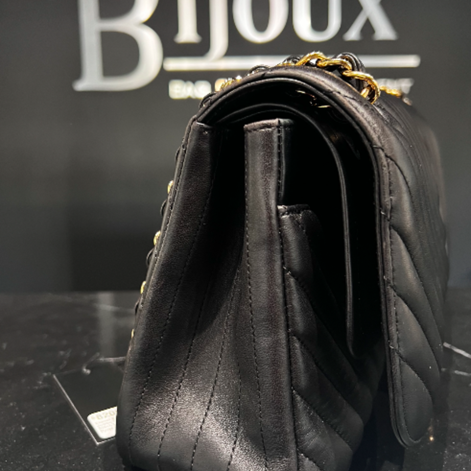Chanel SOLD - Chanel Black Jumbo Chevron Stitch Lambskin Purse GHW