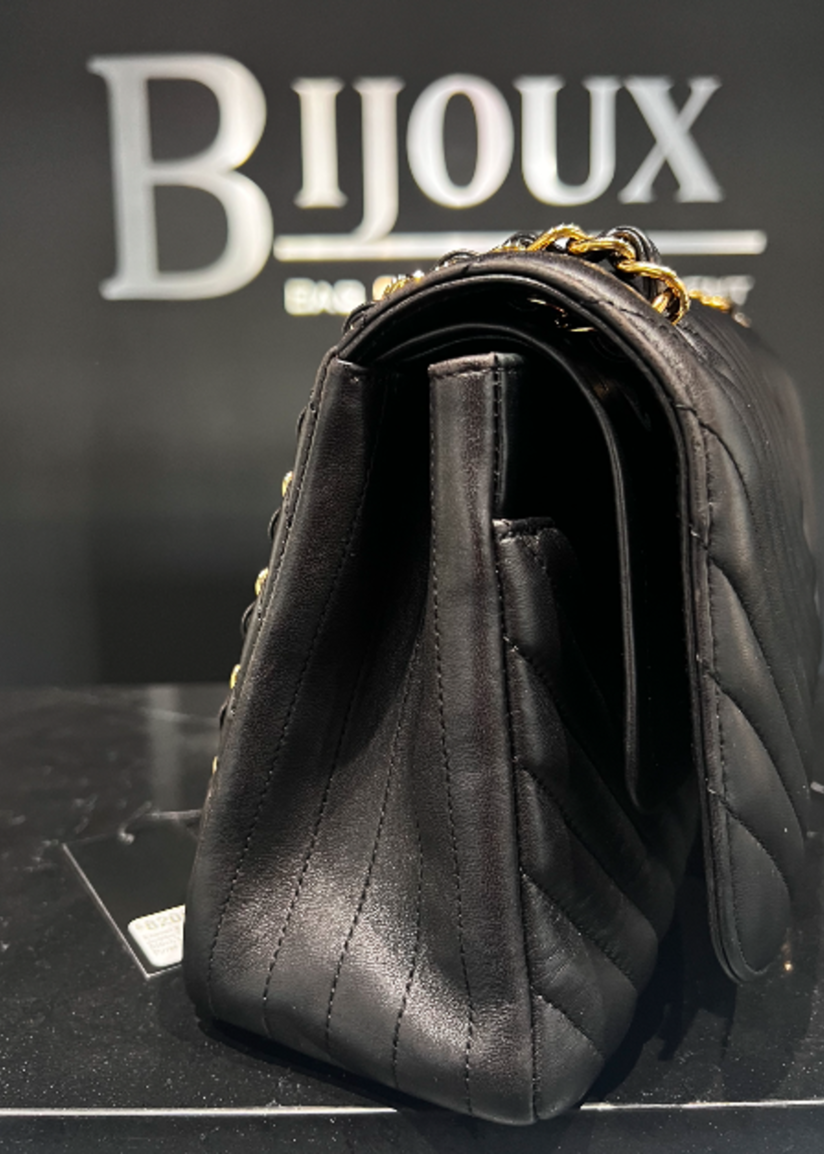 Chanel SOLD - Chanel Black Jumbo Chevron Stitch Lambskin Purse GHW