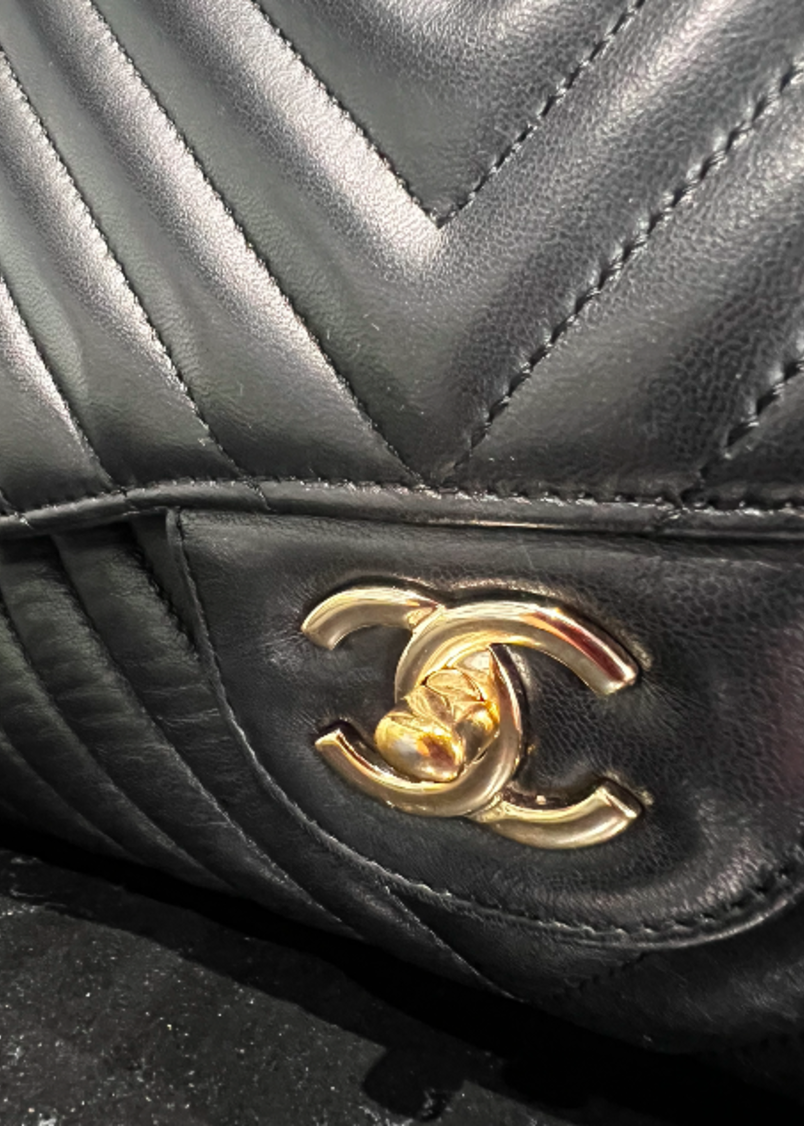 Chanel SOLD - Chanel Black Jumbo Chevron Stitch Lambskin Purse GHW