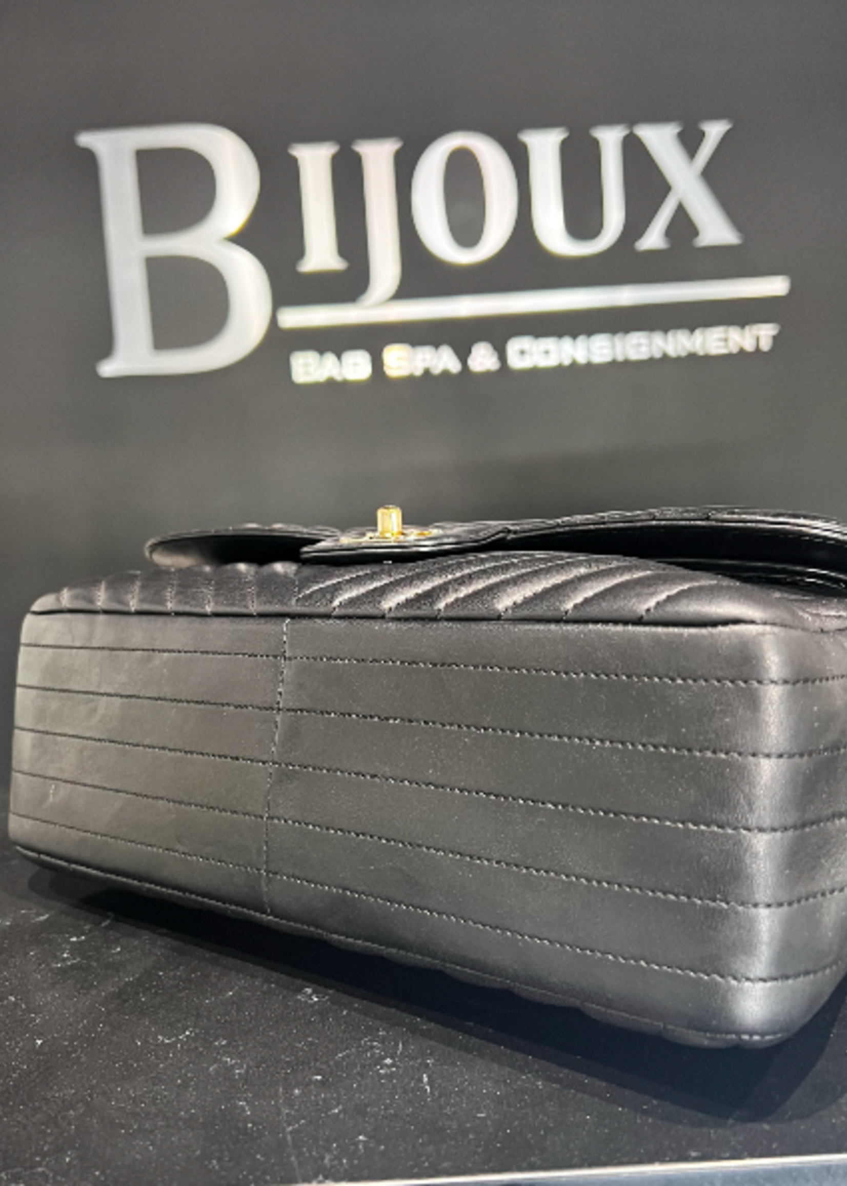 Chanel SOLD - Chanel Black Jumbo Chevron Stitch Lambskin Purse GHW