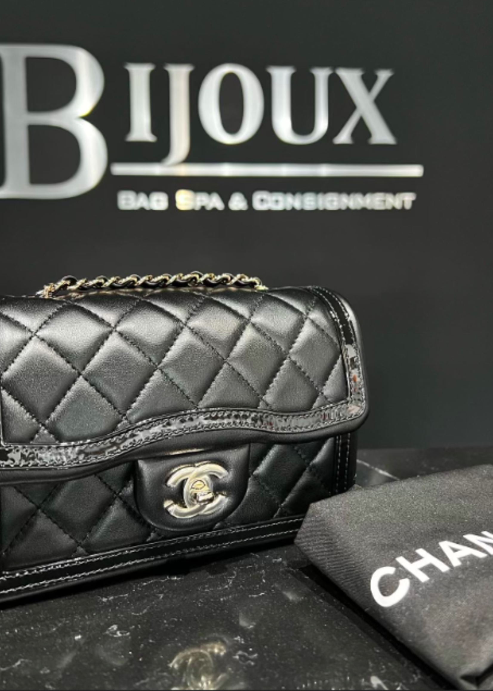 Chanel SOLD - 2023 Chanel Mini Flap with Patent Trim