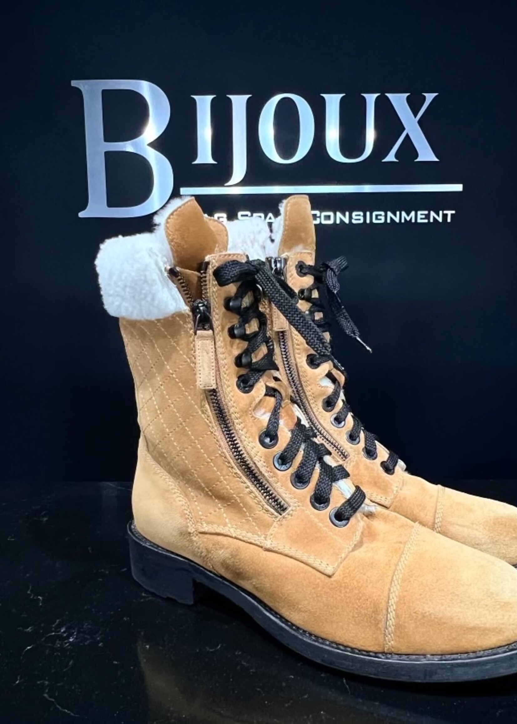 Chanel Chanel Suede Sherling Combat Boots- 38.5