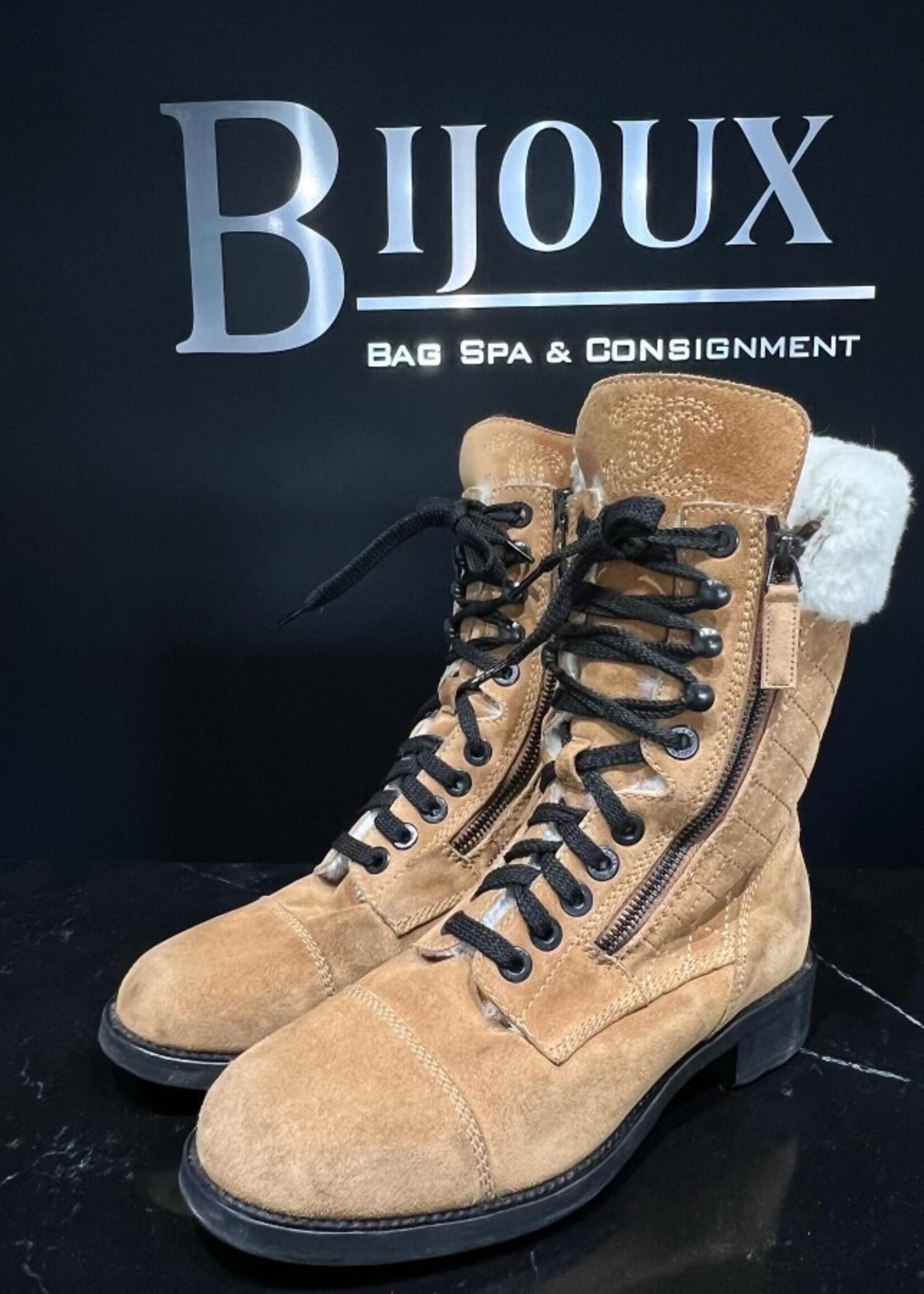 Chanel Chanel Suede Sherling Combat Boots- 38.5