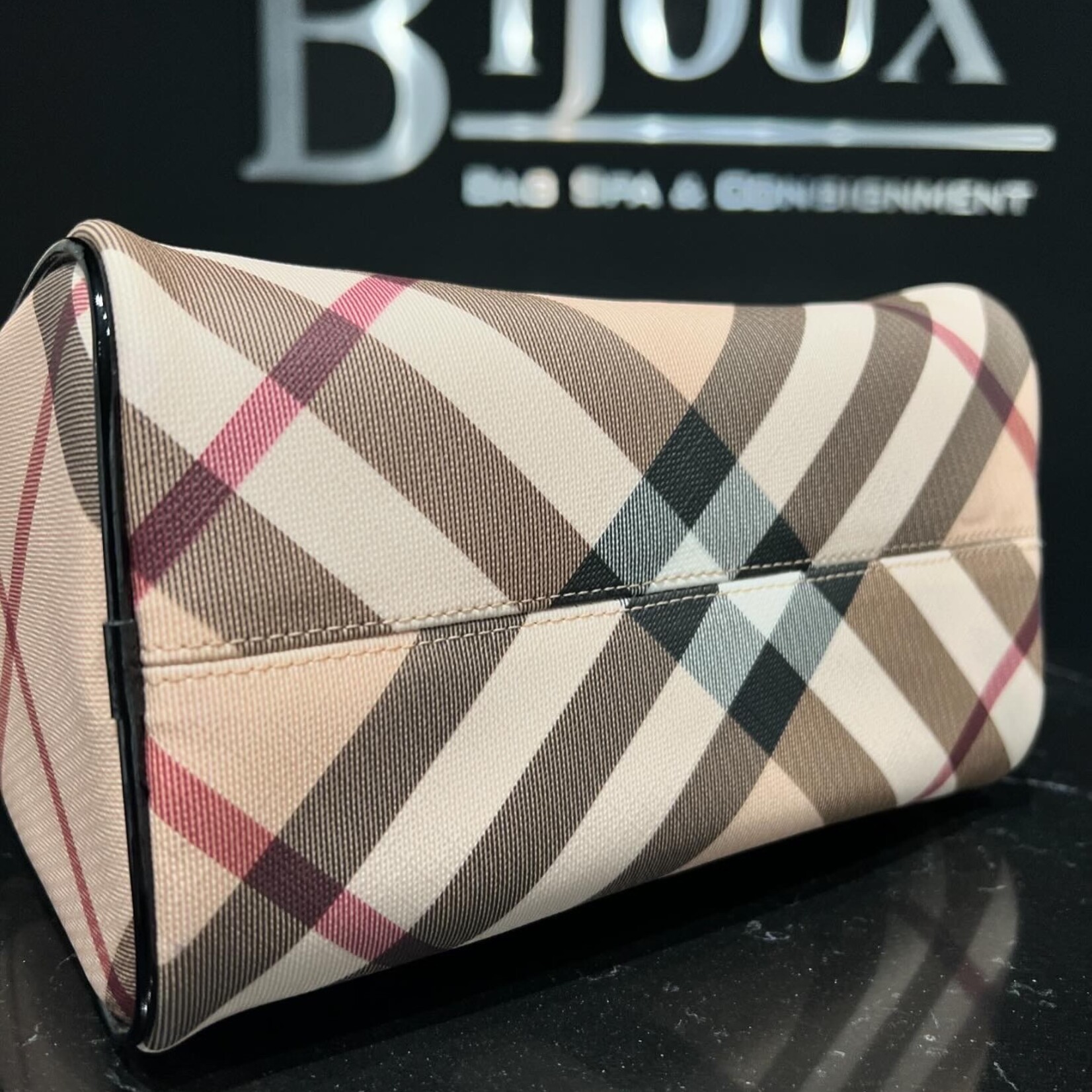 Burberry SOLD - Burberry Small Chester Nova Check Patent Bowling Bag Black