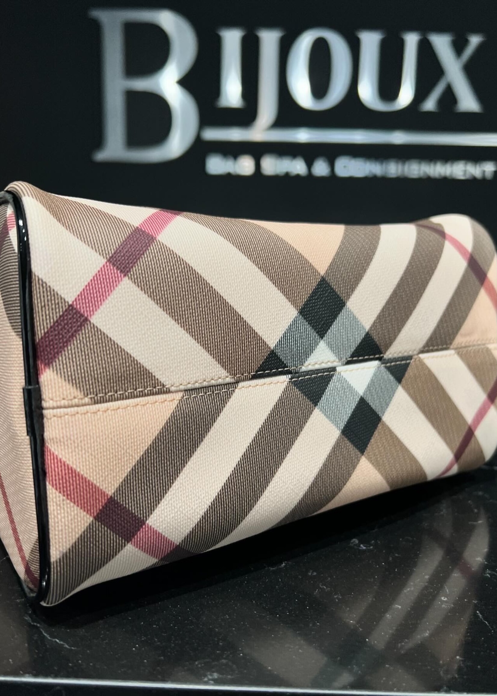 Burberry SOLD - Burberry Small Chester Nova Check Patent Bowling Bag Black