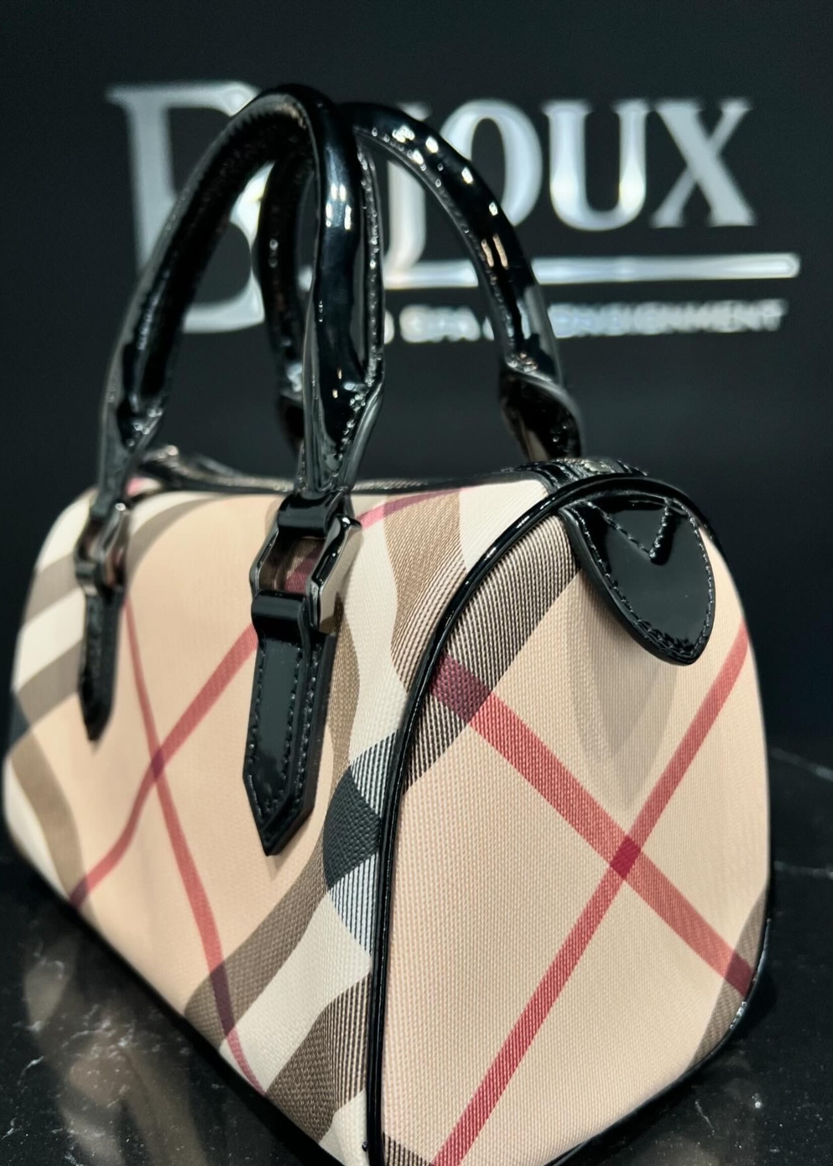 Burberry SOLD - Burberry Small Chester Nova Check Patent Bowling Bag Black