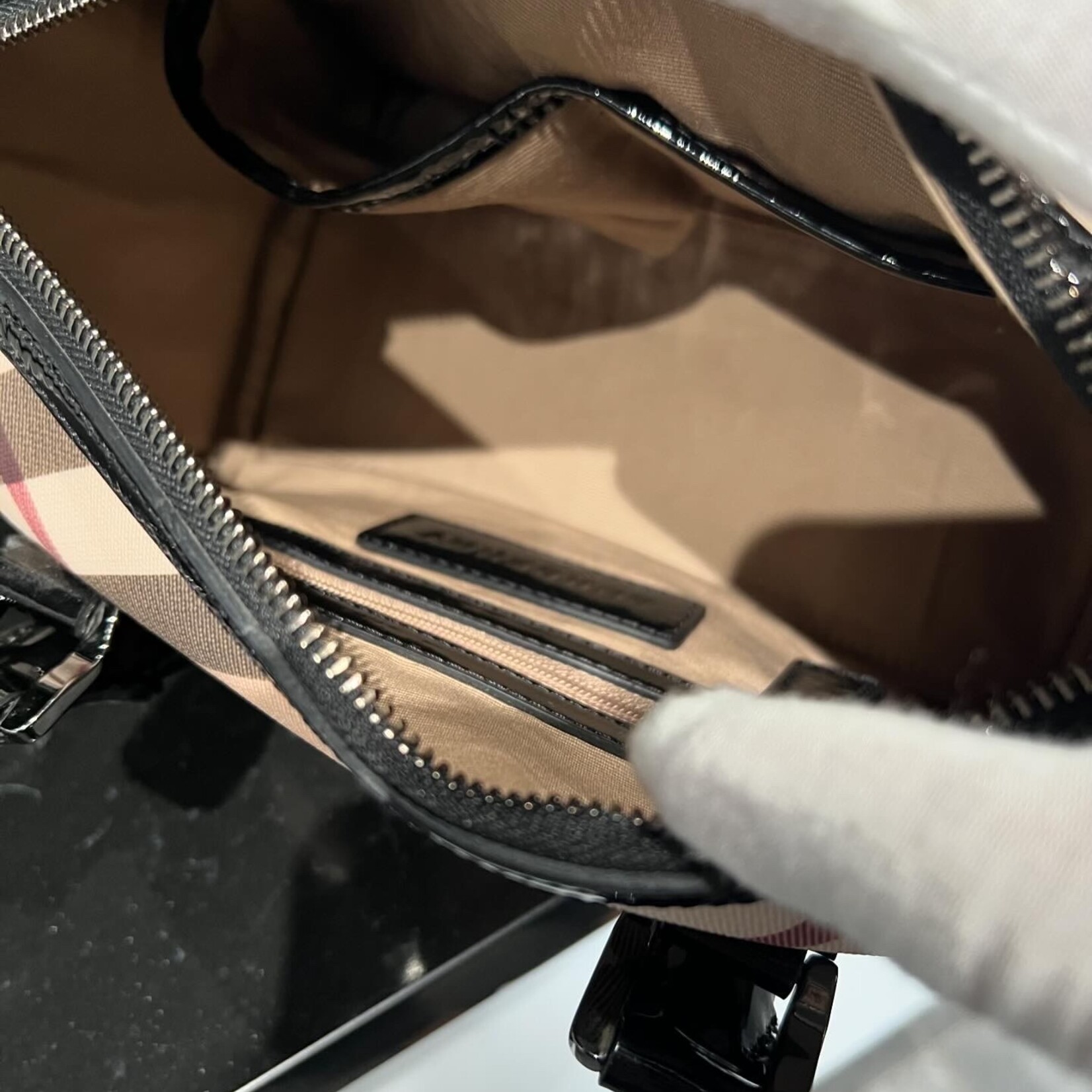 Burberry SOLD - Burberry Small Chester Nova Check Patent Bowling Bag Black