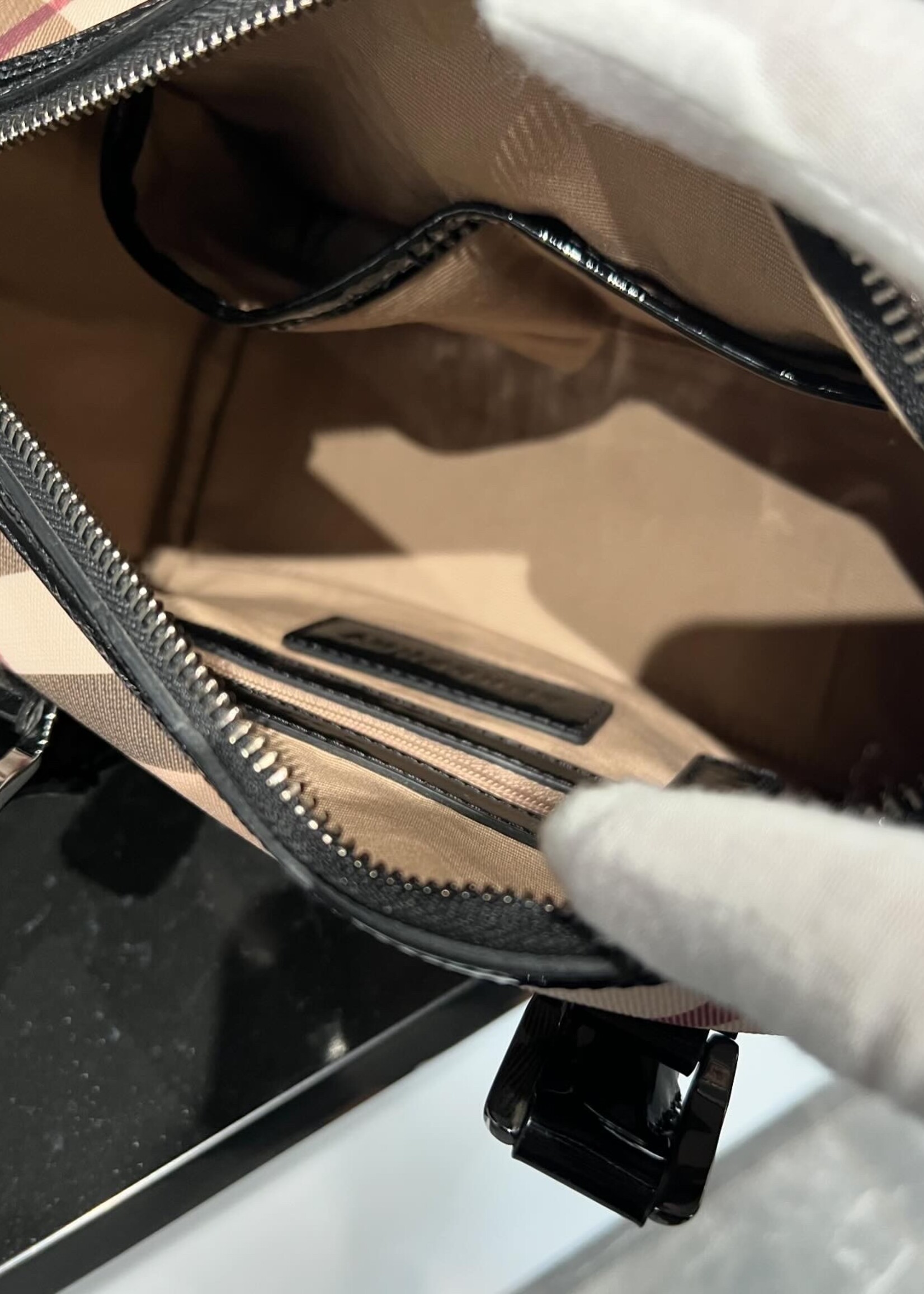 Burberry SOLD - Burberry Small Chester Nova Check Patent Bowling Bag Black