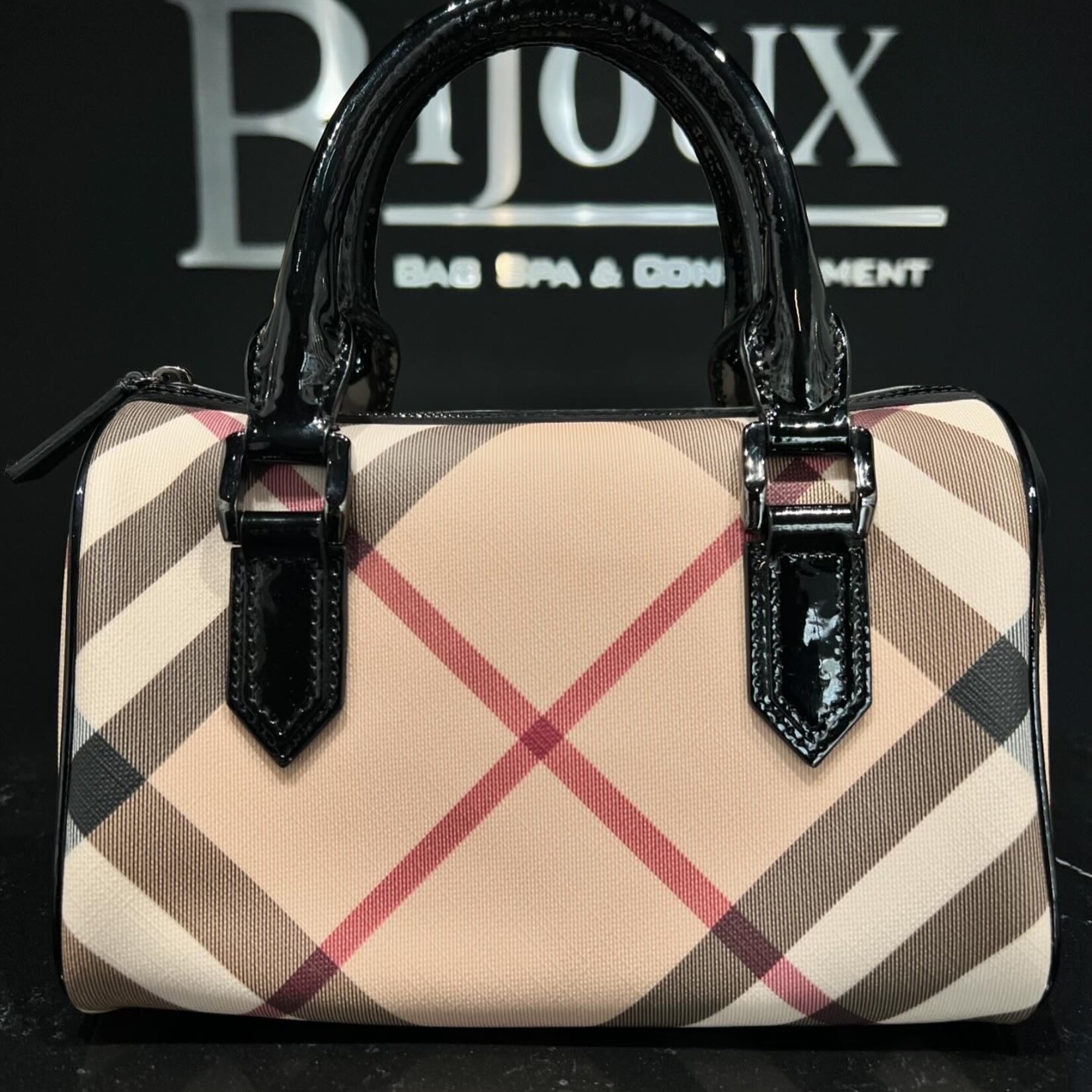 Burberry SOLD - Burberry Small Chester Nova Check Patent Bowling Bag Black