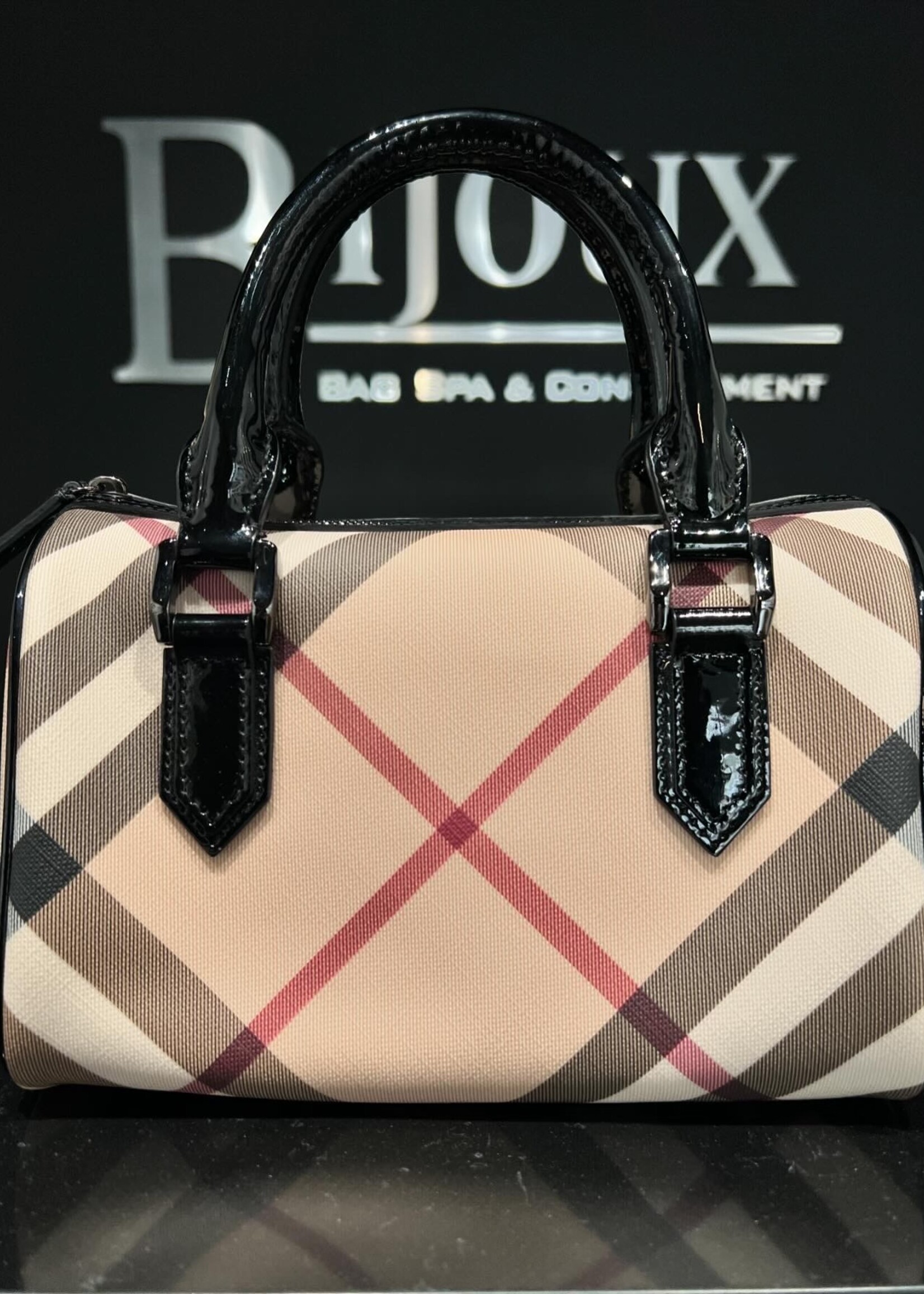 Burberry SOLD - Burberry Small Chester Nova Check Patent Bowling Bag Black