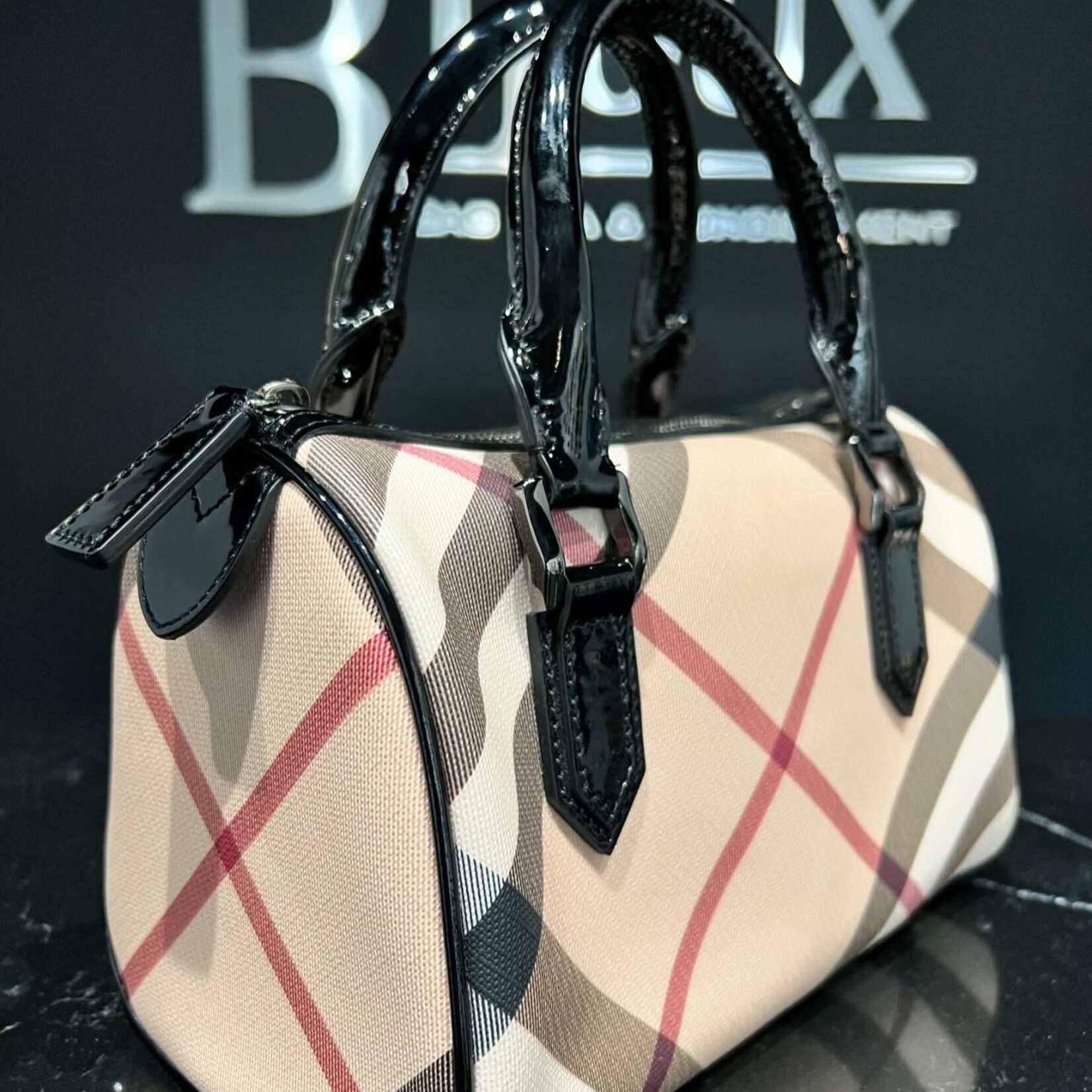 Burberry SOLD - Burberry Small Chester Nova Check Patent Bowling Bag Black