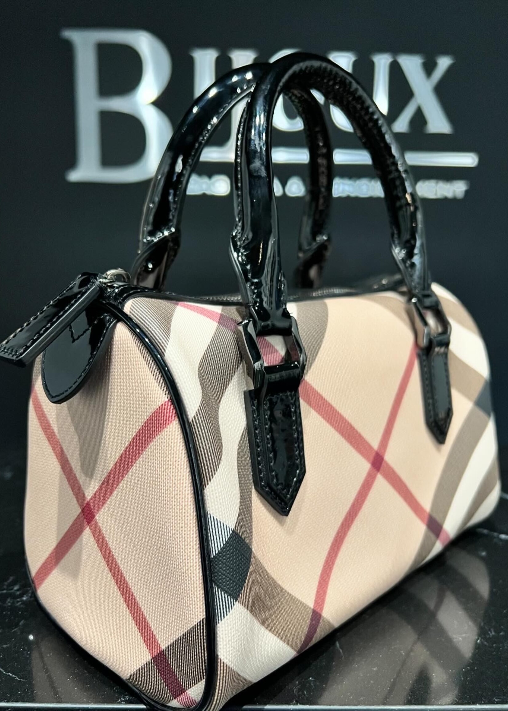 Burberry SOLD - Burberry Small Chester Nova Check Patent Bowling Bag Black