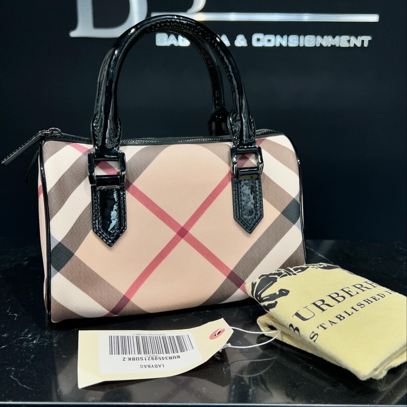 Burberry SOLD - Burberry Small Chester Nova Check Patent Bowling Bag Black