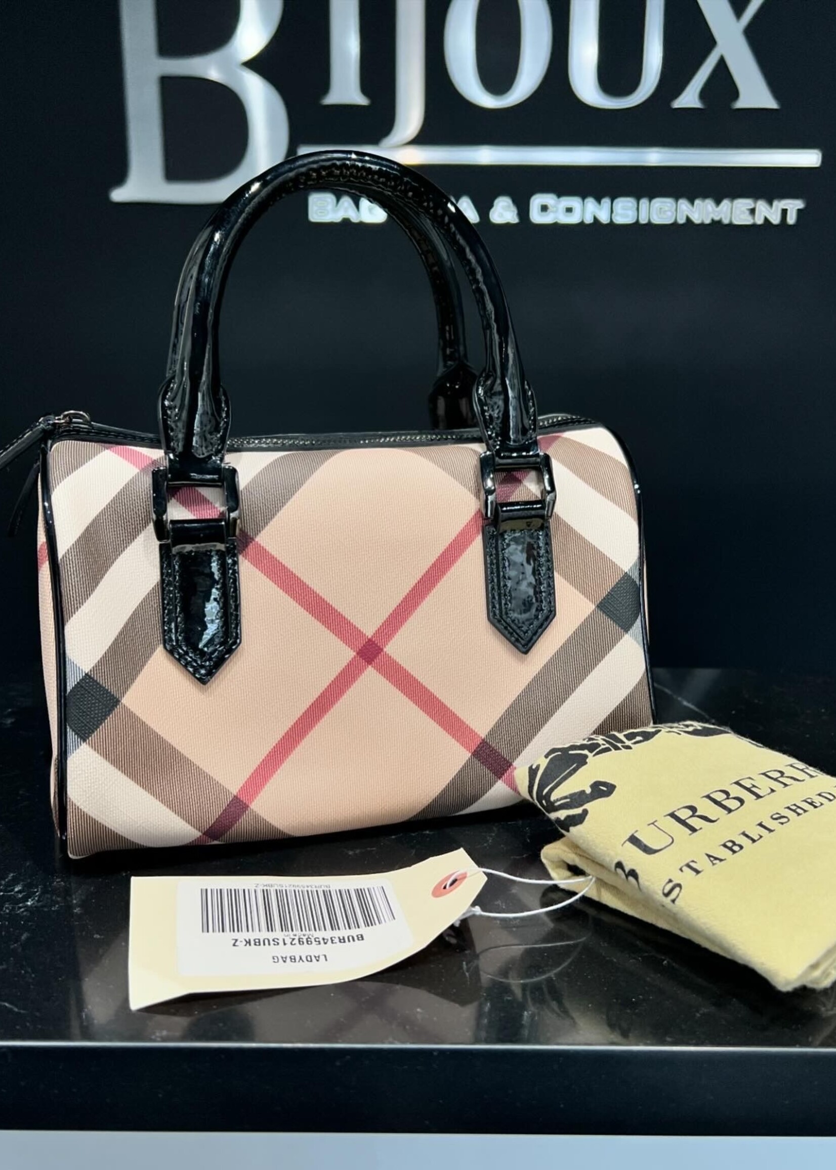 Burberry SOLD - Burberry Small Chester Nova Check Patent Bowling Bag Black