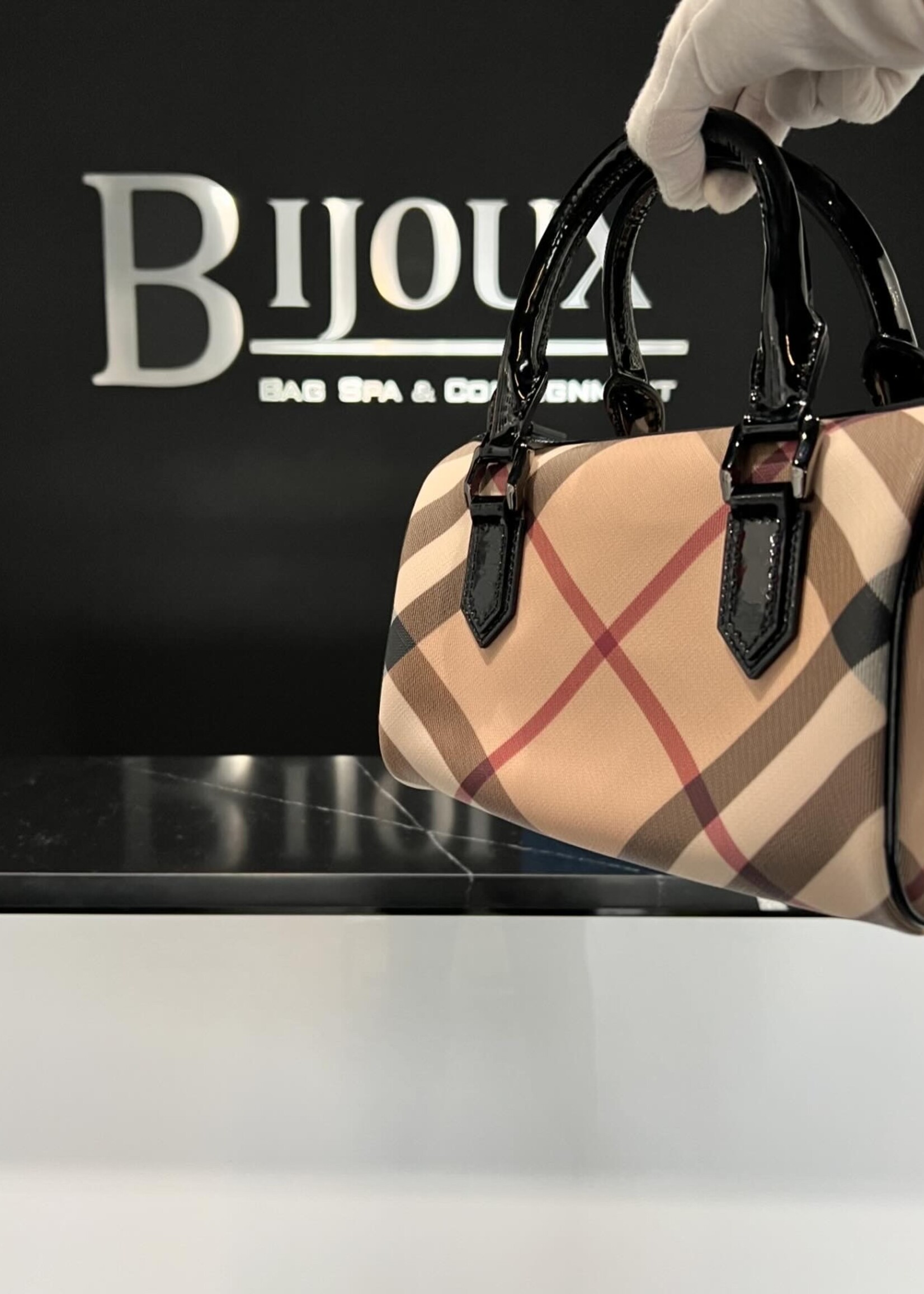 Burberry SOLD - Burberry Small Chester Nova Check Patent Bowling Bag Black