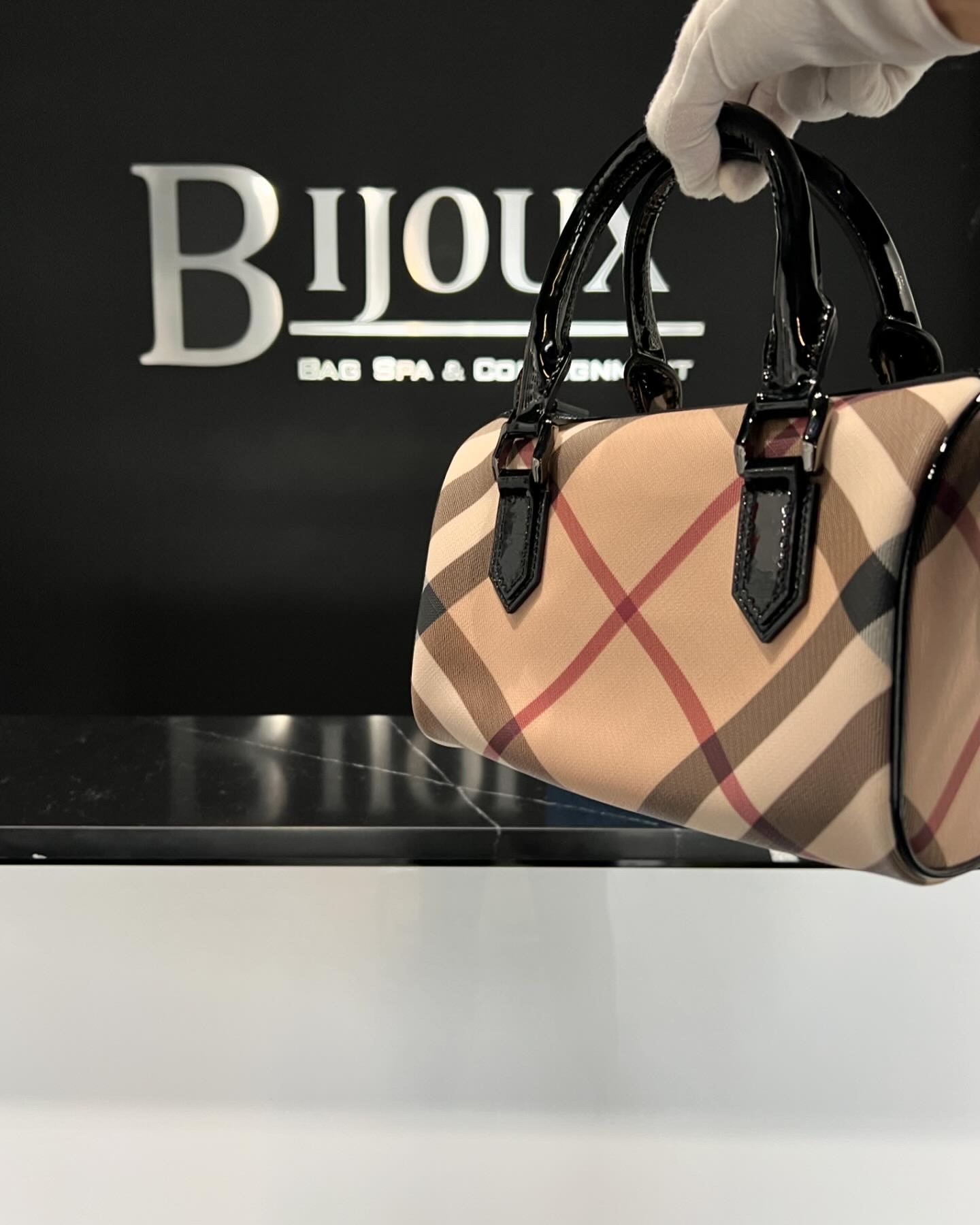 Burberry Small Chester Nova Check Patent Bowling Bag Black