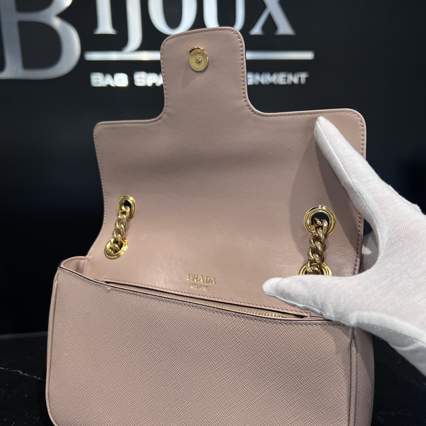 Prada Pattina Gold Chain Cross Body Bijoux Bag Spa Consignment