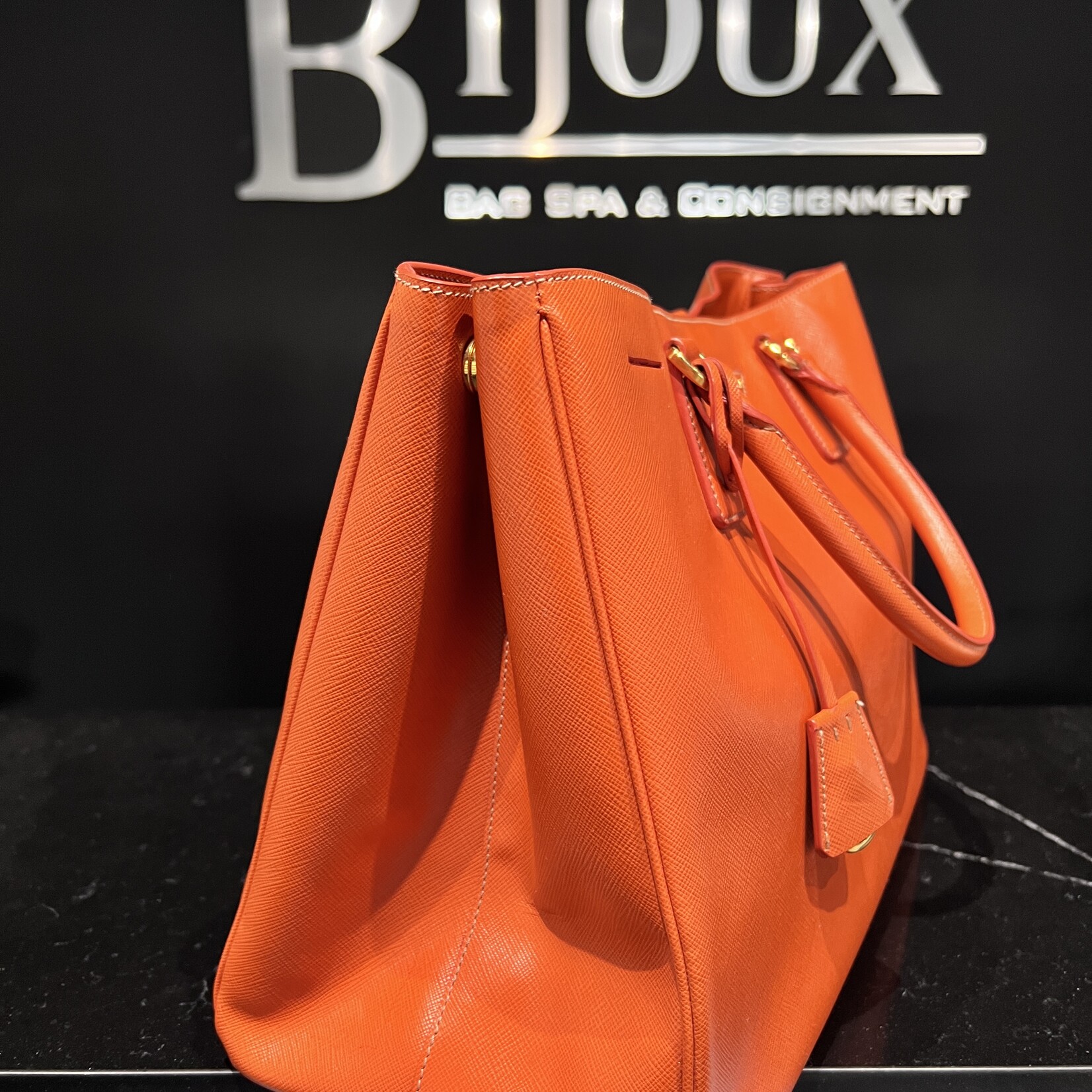 Prada Saffiano Orange Tote Bijoux Bag Spa Consignment