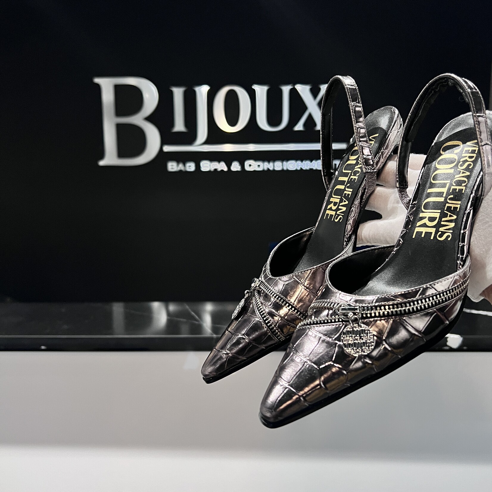 Versace SOLD - Versace Mandy Croc Embossed Slingbacks- 38