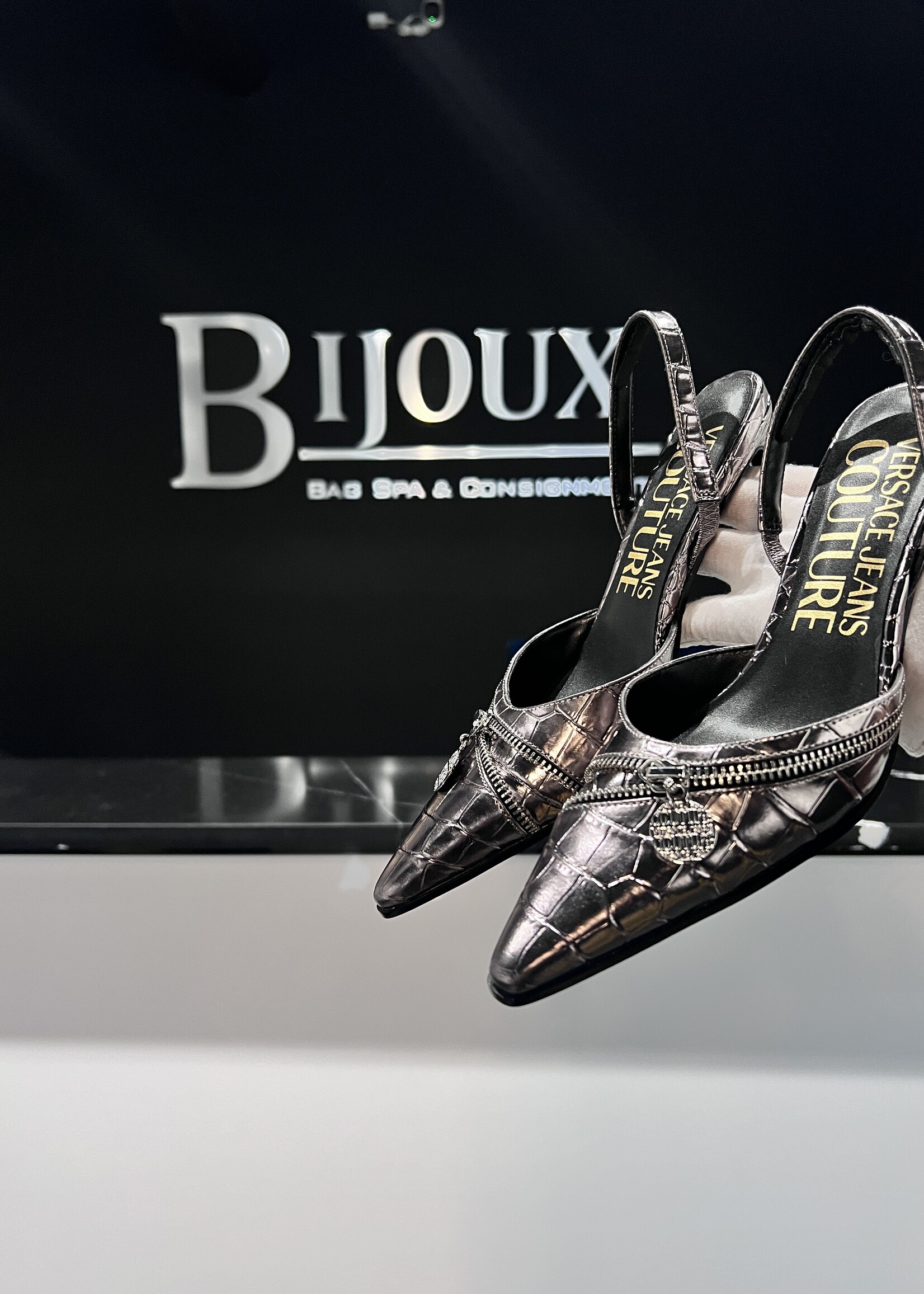 Versace SOLD - Versace Mandy Croc Embossed Slingbacks- 38