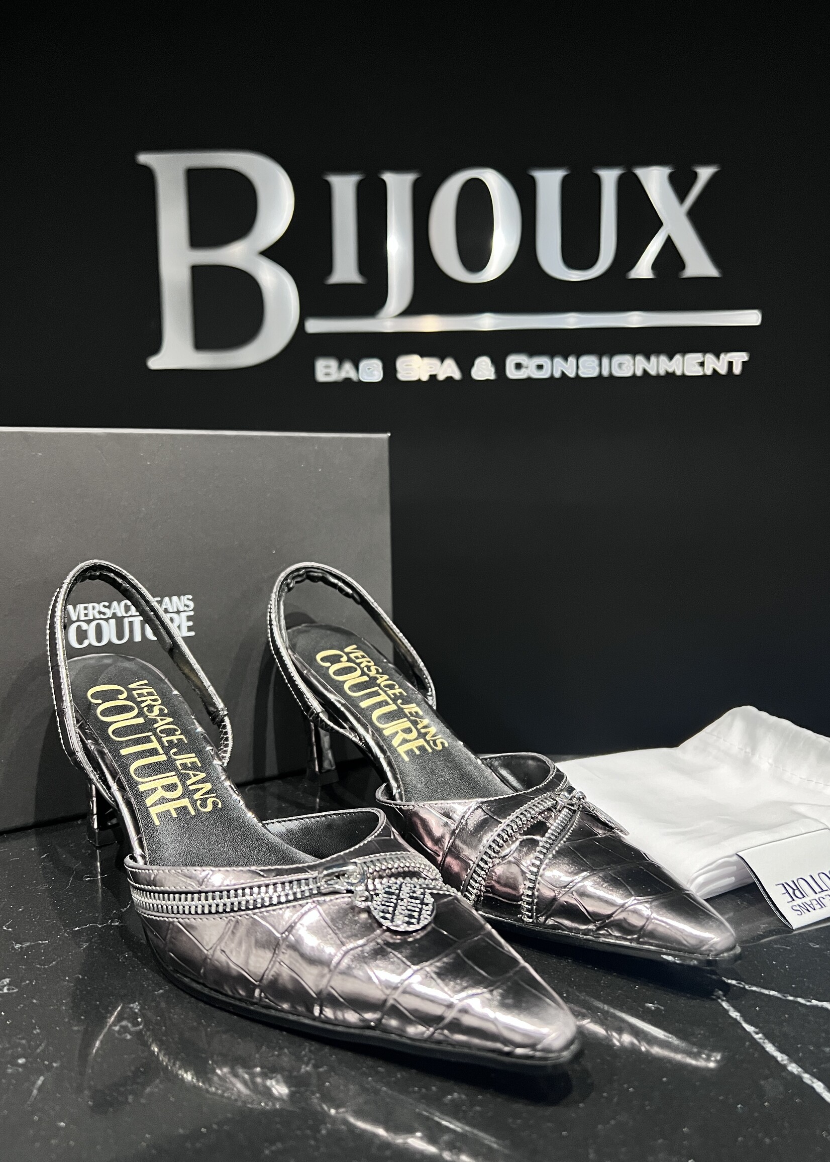 Versace SOLD - Versace Mandy Croc Embossed Slingbacks- 38