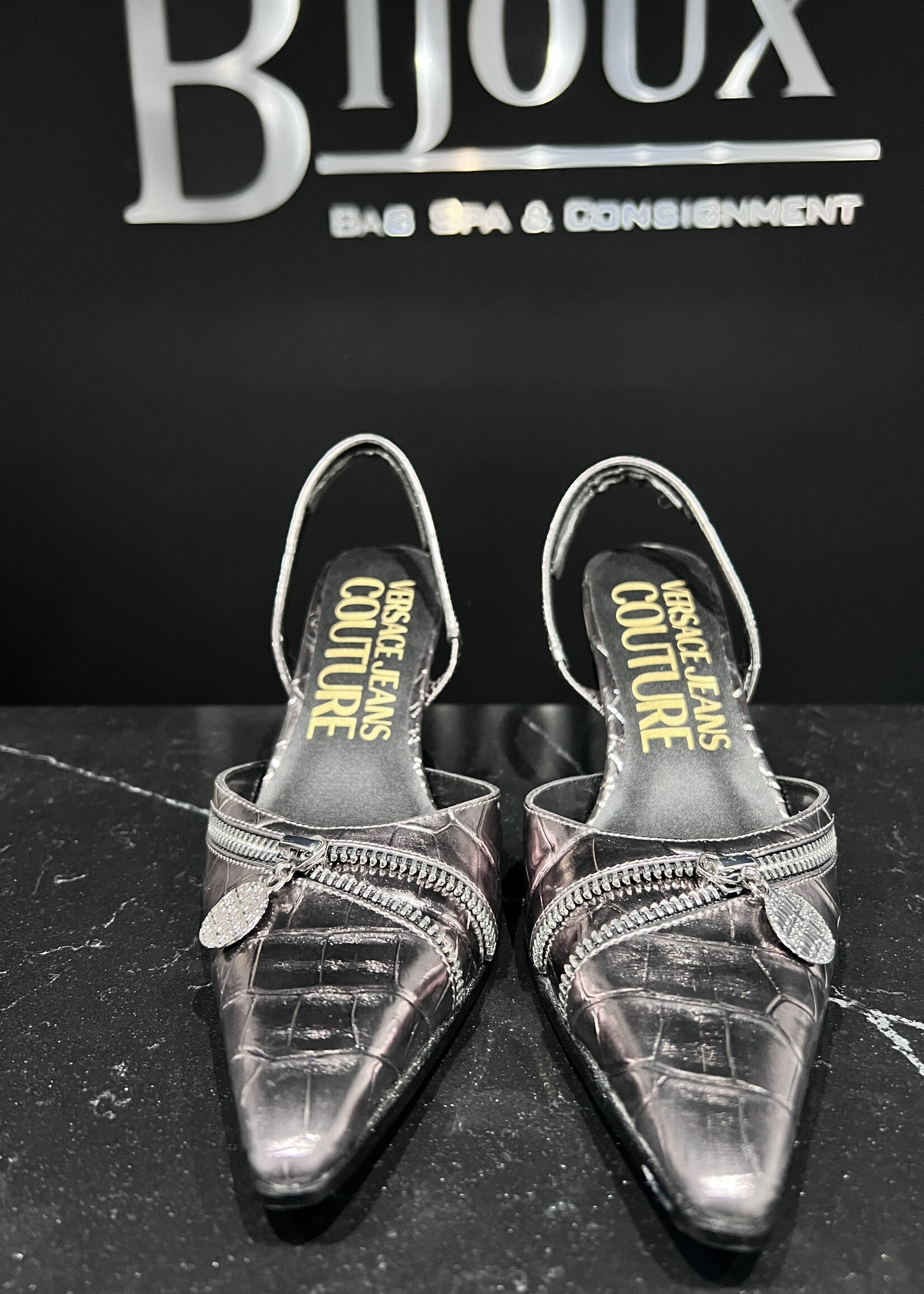 Versace SOLD - Versace Mandy Croc Embossed Slingbacks- 38