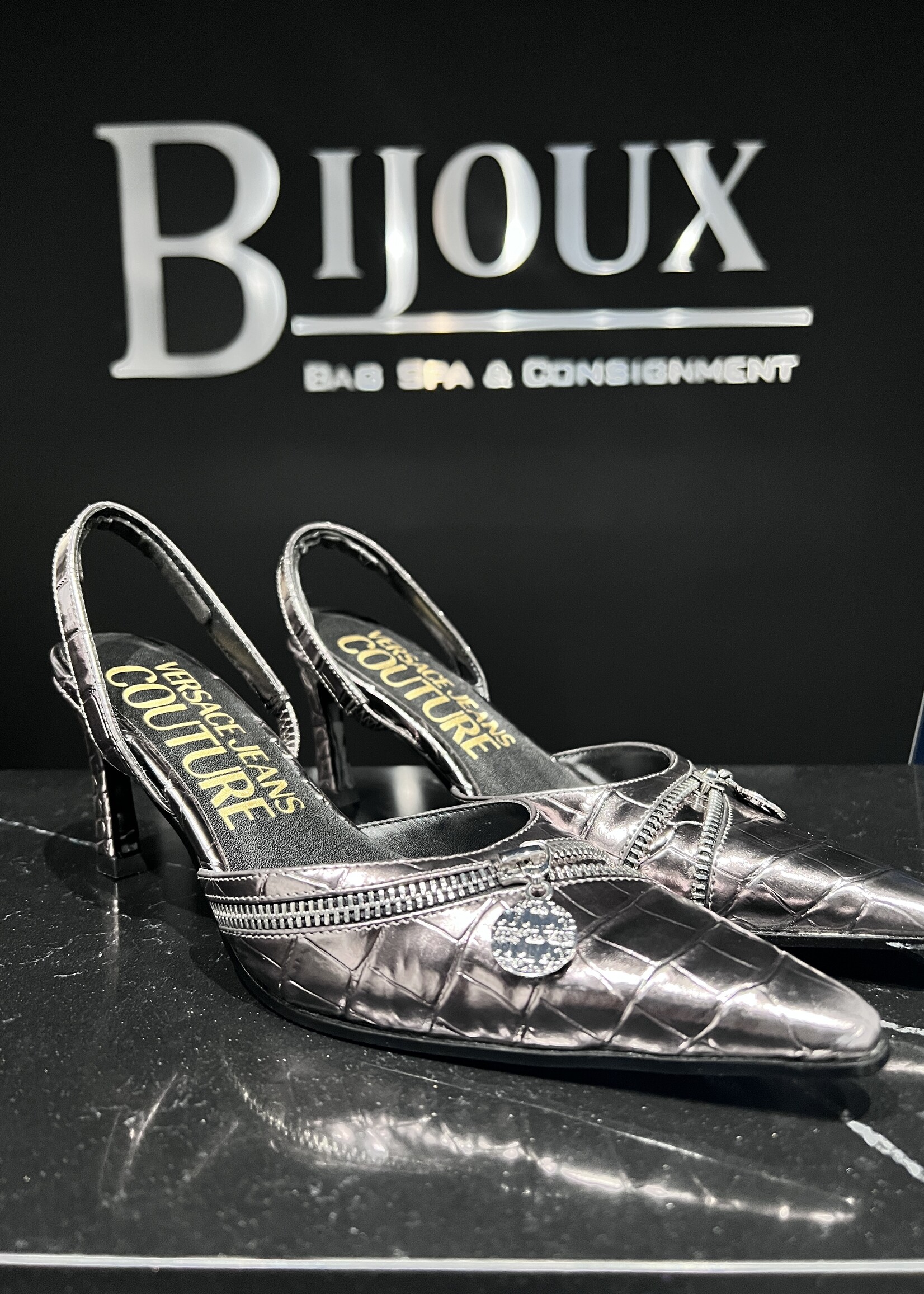 Versace SOLD - Versace Mandy Croc Embossed Slingbacks- 38