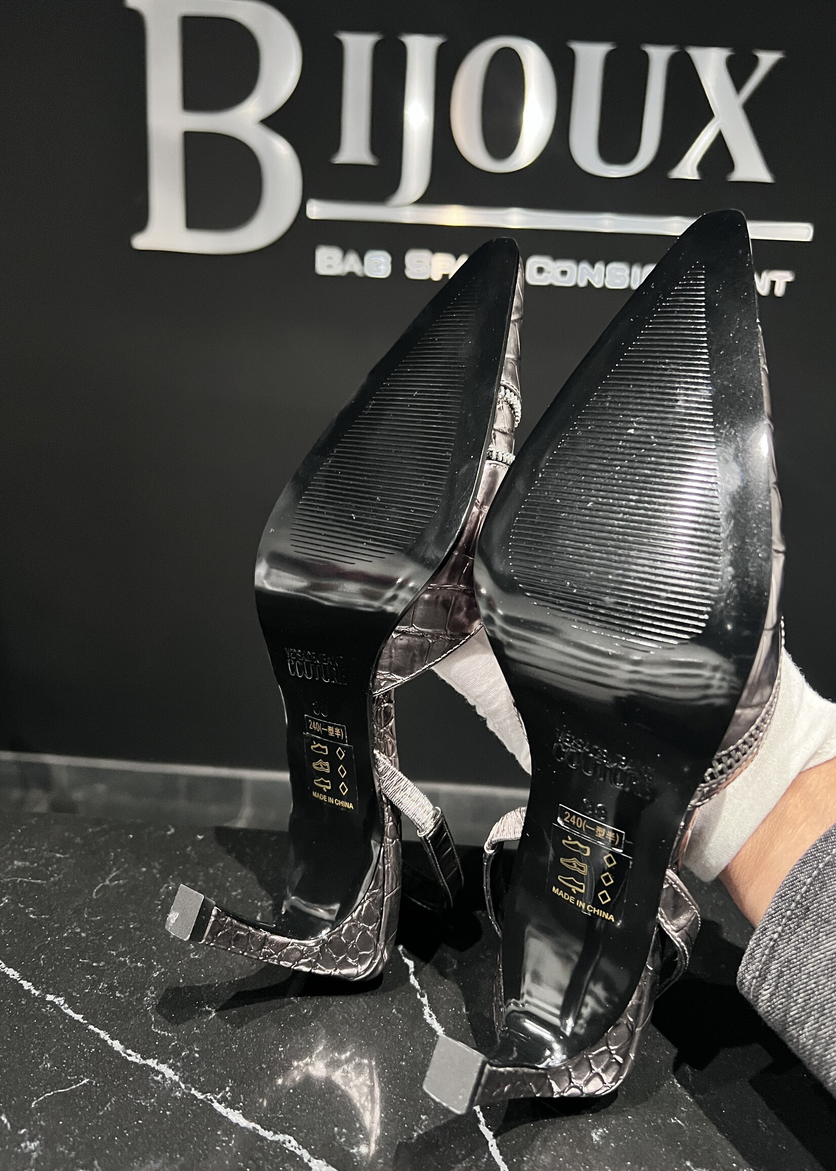 Versace SOLD - Versace Mandy Croc Embossed Slingbacks- 38