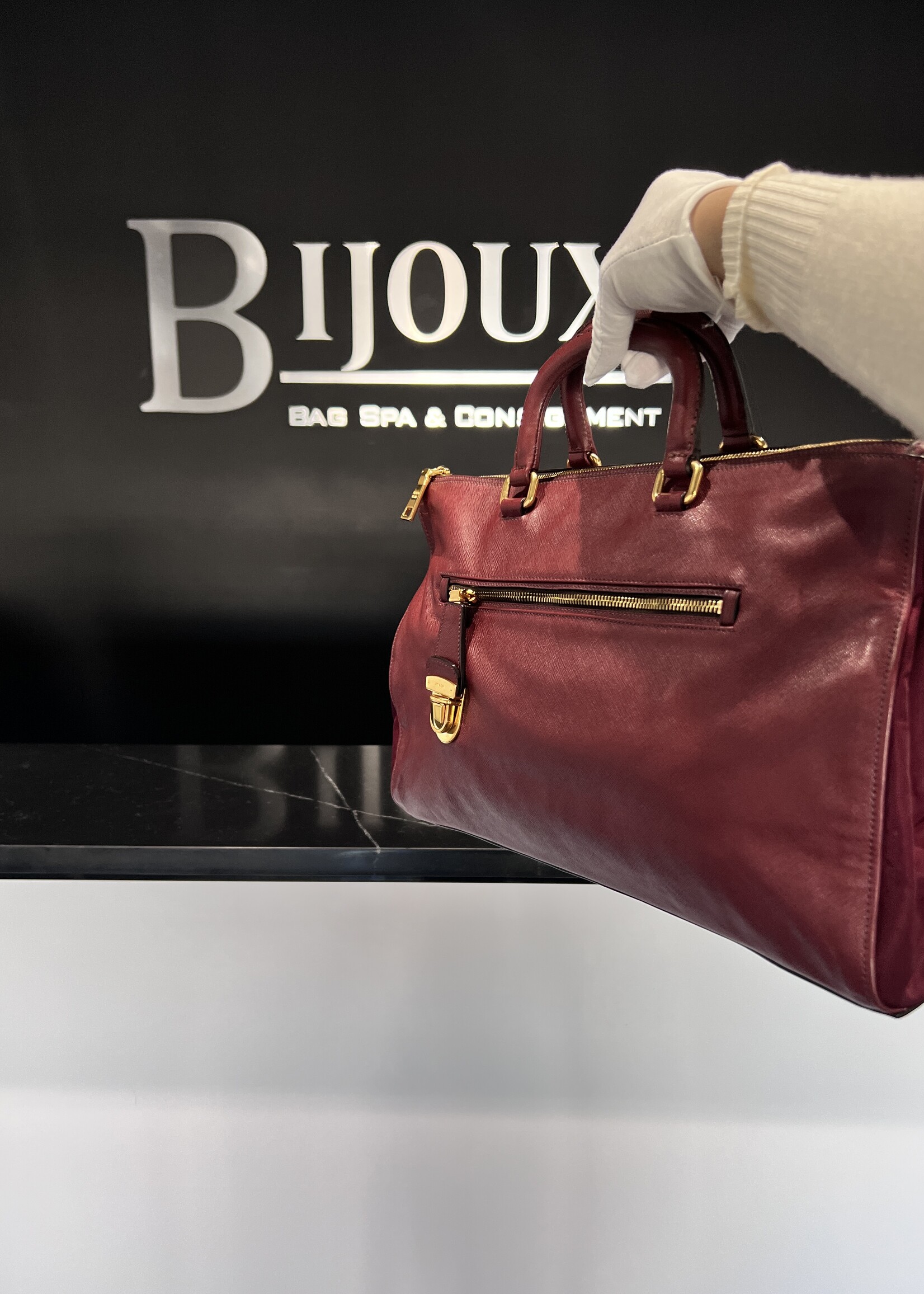 Prada SOLD- Prada Bauletto Amranto Saffiano Tessuto