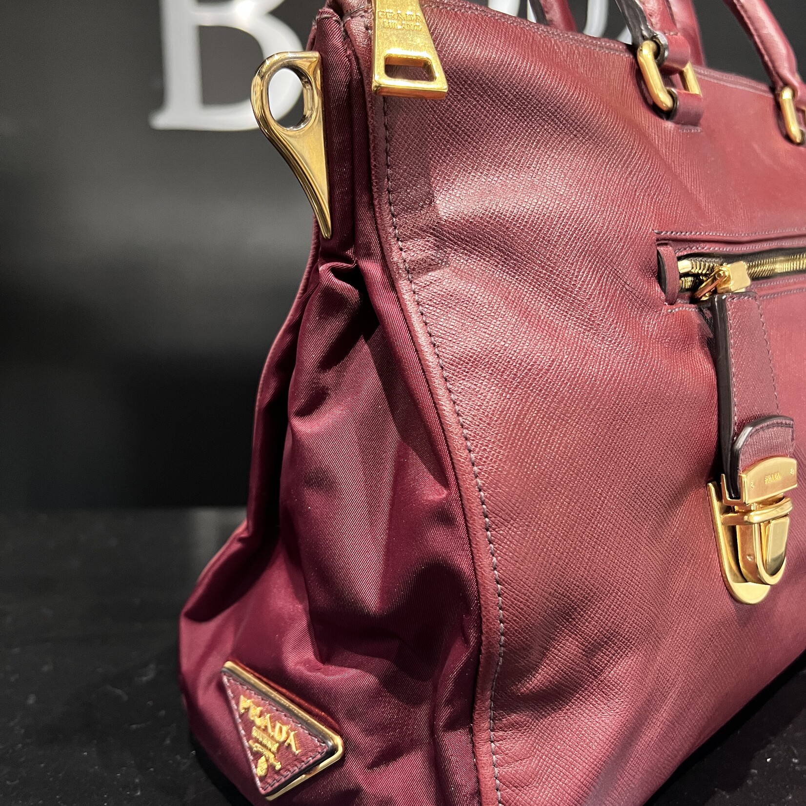 Prada SOLD- Prada Bauletto Amranto Saffiano Tessuto