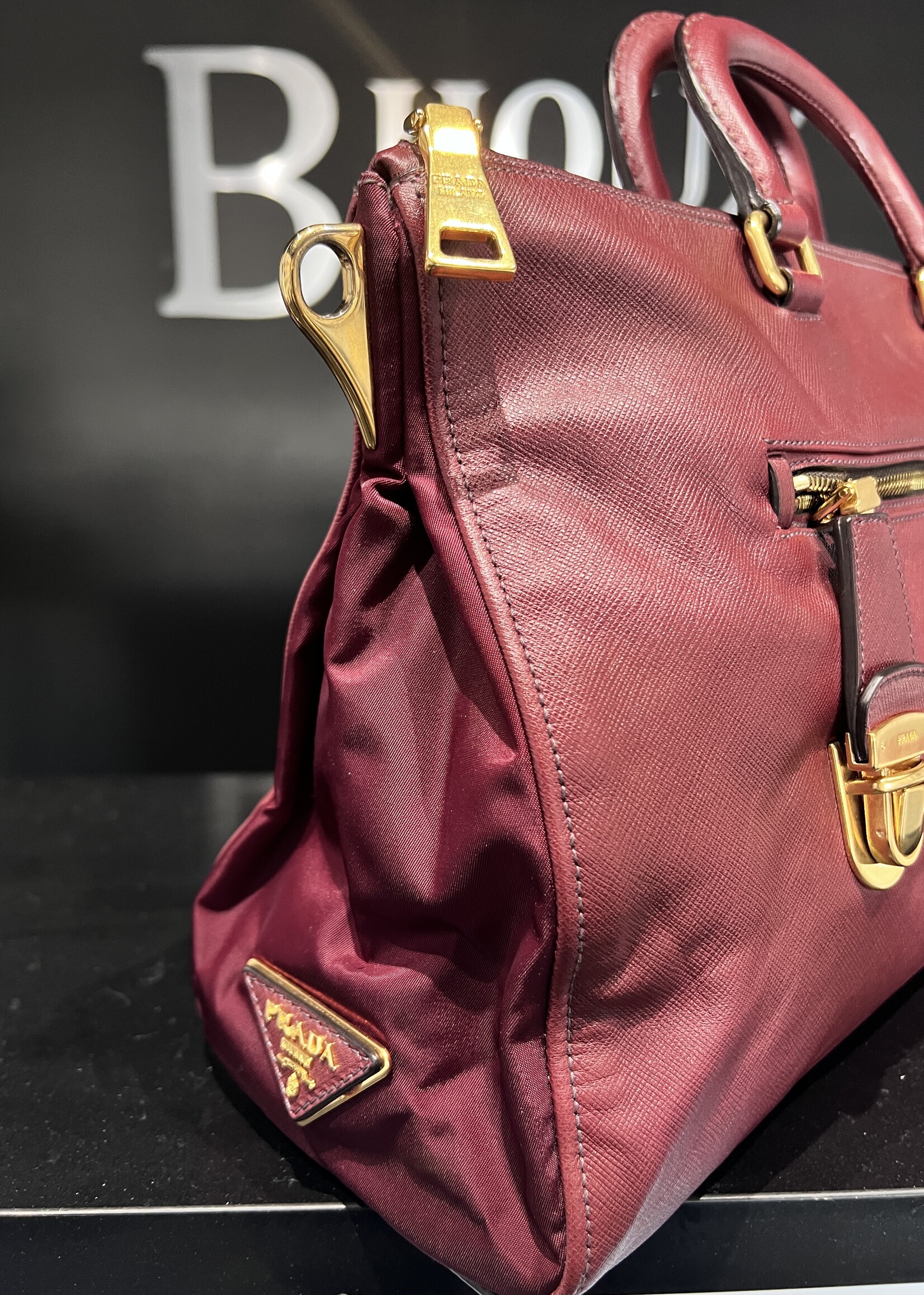 Prada SOLD- Prada Bauletto Amranto Saffiano Tessuto