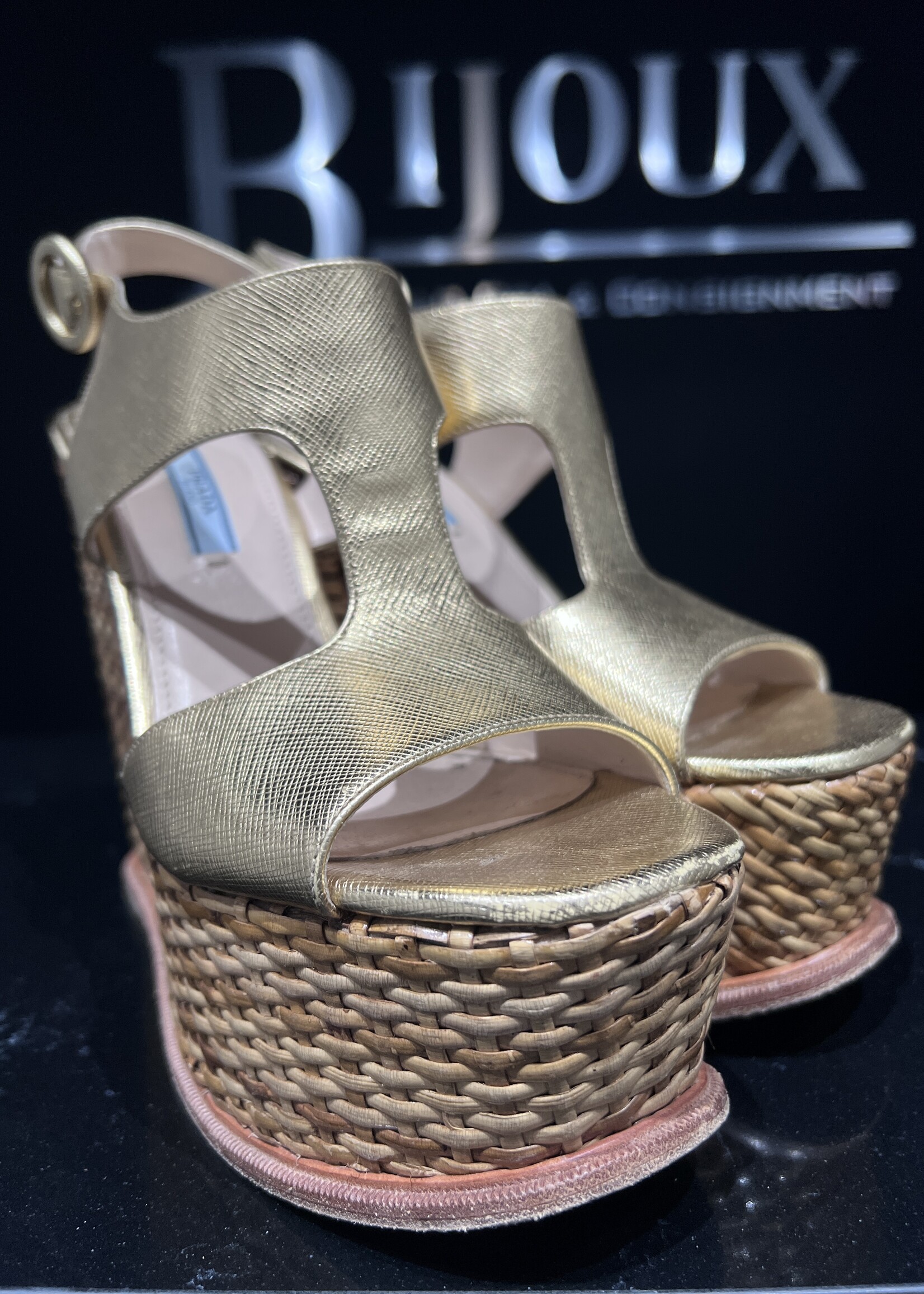 Prada Prada Gold Saffiano Leather Wedge - 38