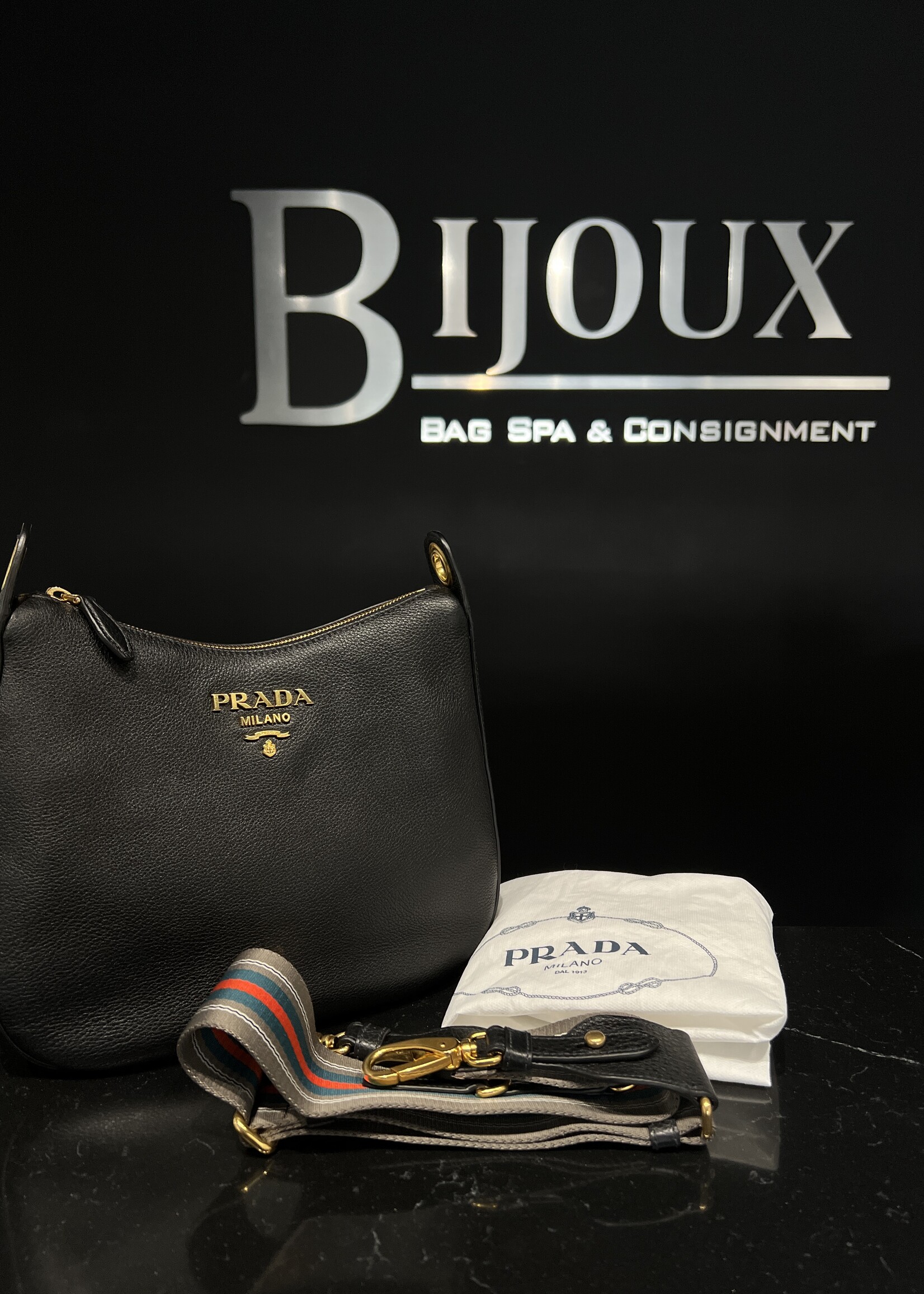 Prada SOLD- Prada Vitello Daino  Messenger Hobo Black