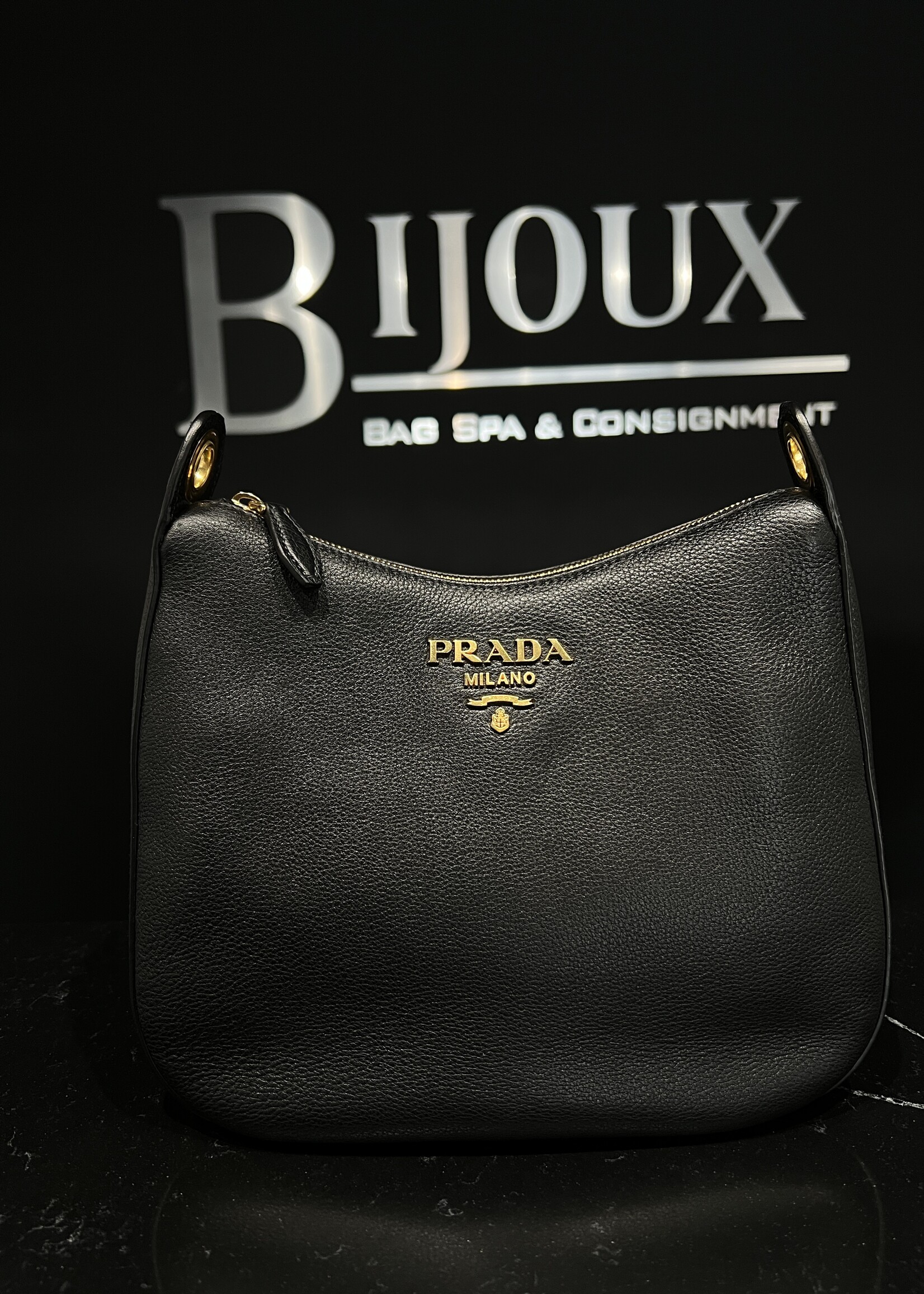 Prada SOLD- Prada Vitello Daino  Messenger Hobo Black