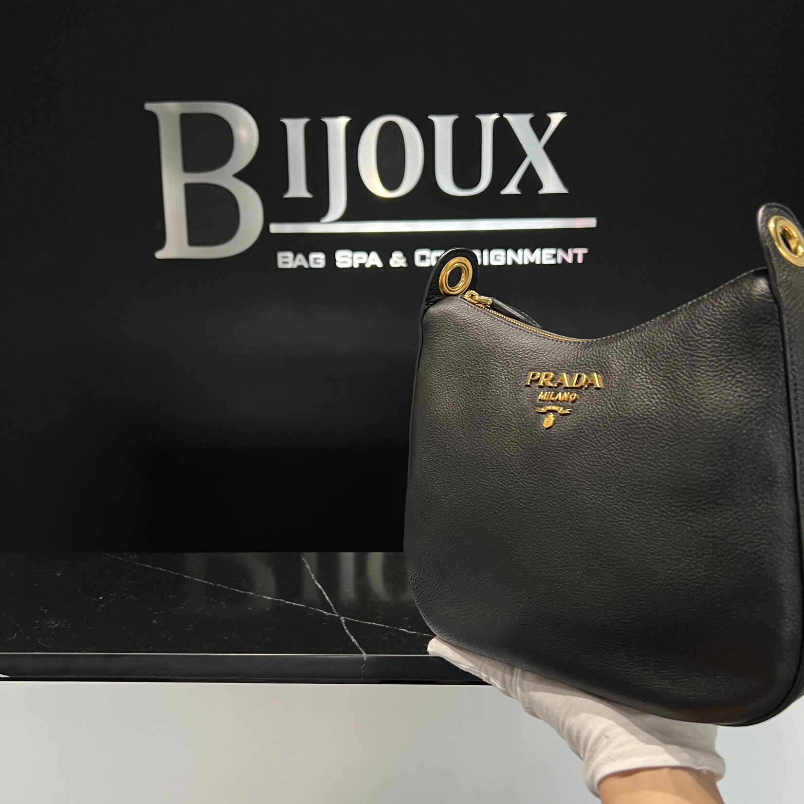 Prada SOLD- Prada Vitello Daino  Messenger Hobo Black