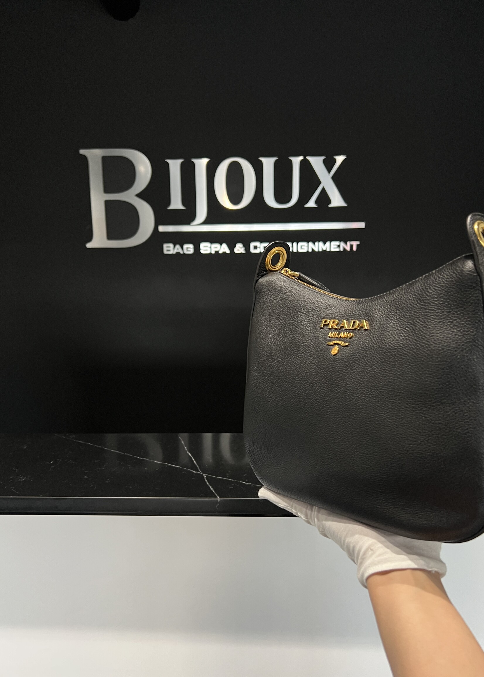 Prada SOLD- Prada Vitello Daino  Messenger Hobo Black