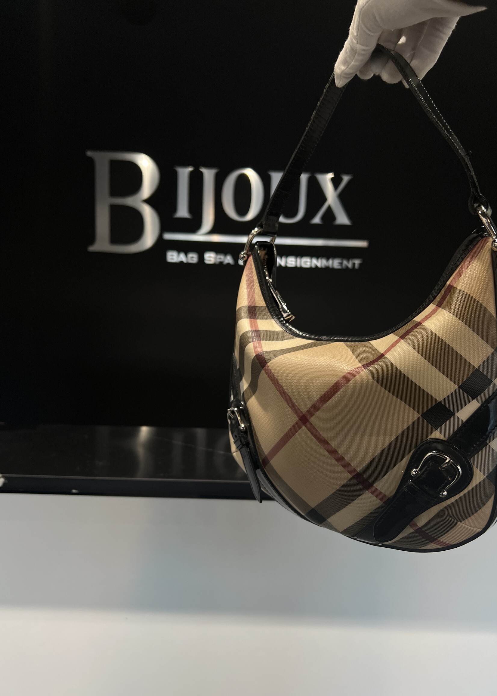 Burberry SOLD- Burberry Supernova Check Buckle Hobo Black