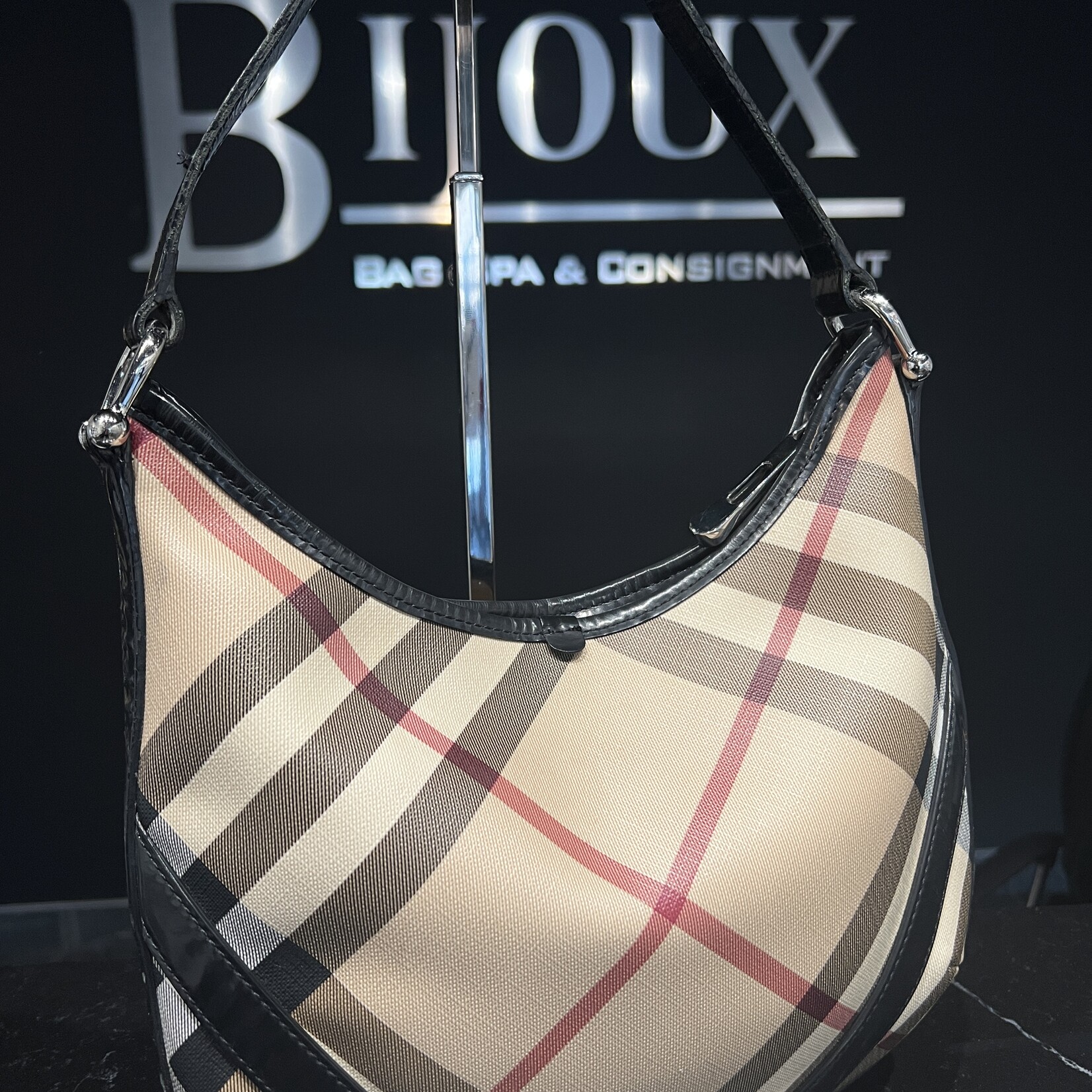 Burberry SOLD- Burberry Supernova Check Buckle Hobo Black