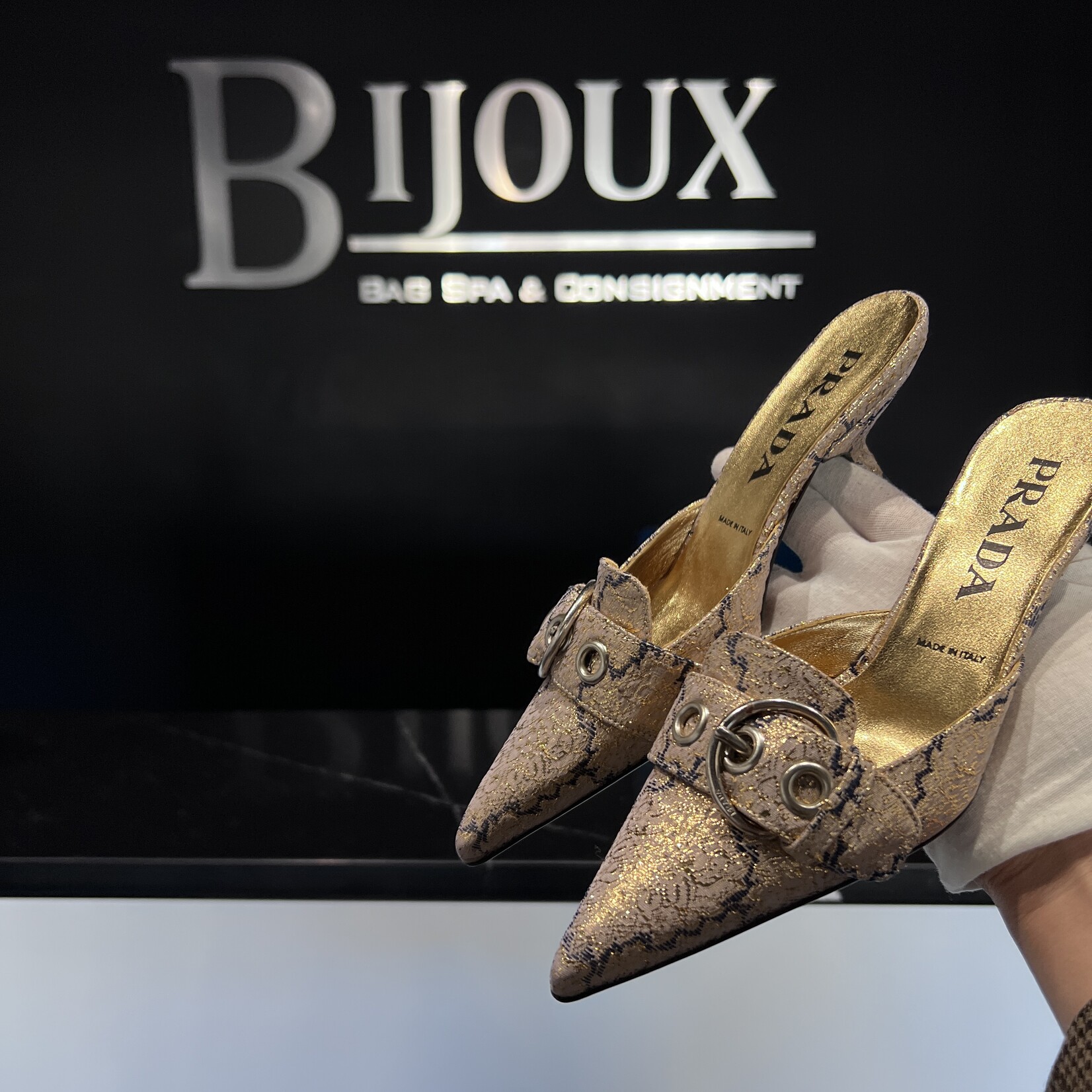 Prada Prada Gold Brocade Mule 35