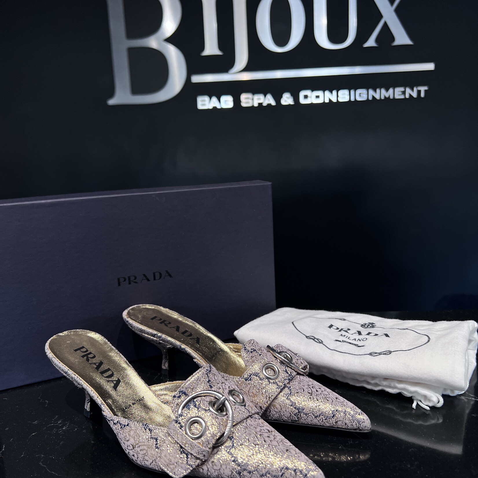 Prada Prada Gold Brocade Mule 35