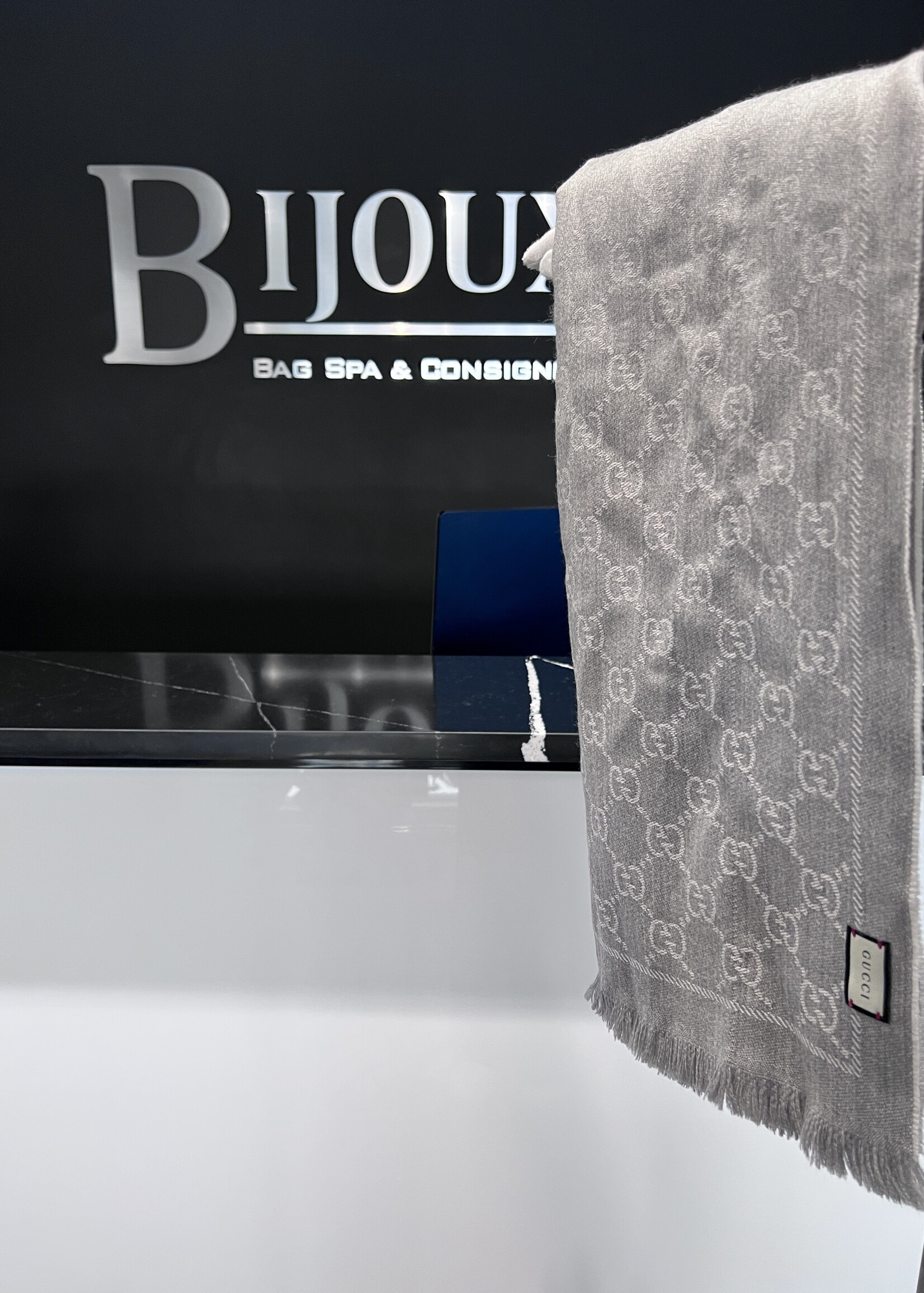 Gucci SOLD- Gucci Grey Monogram Scarf