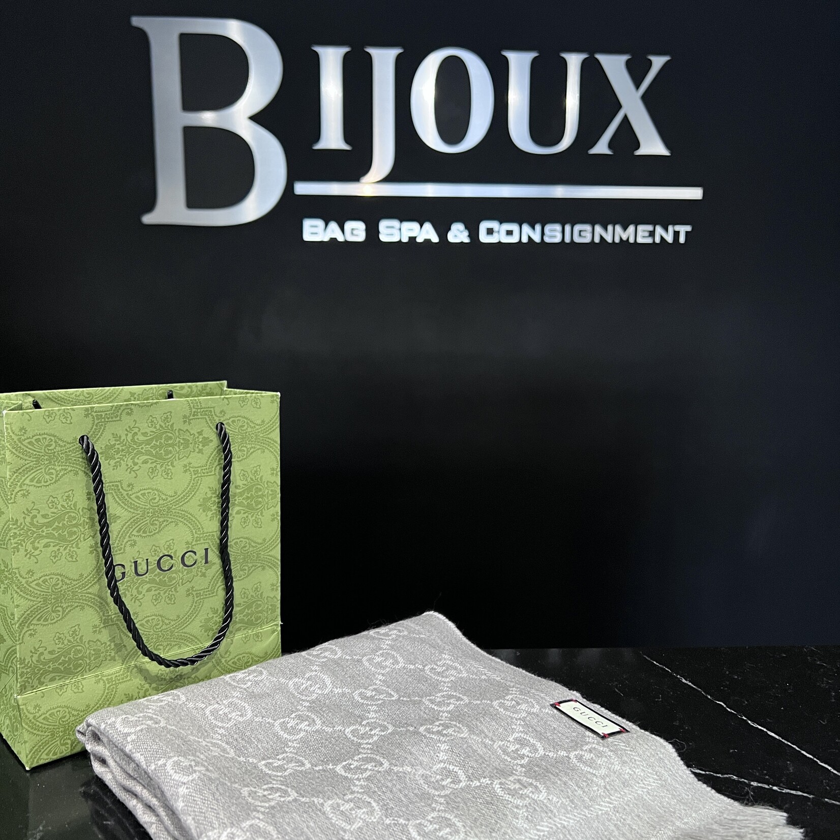 Gucci SOLD- Gucci Grey Monogram Scarf