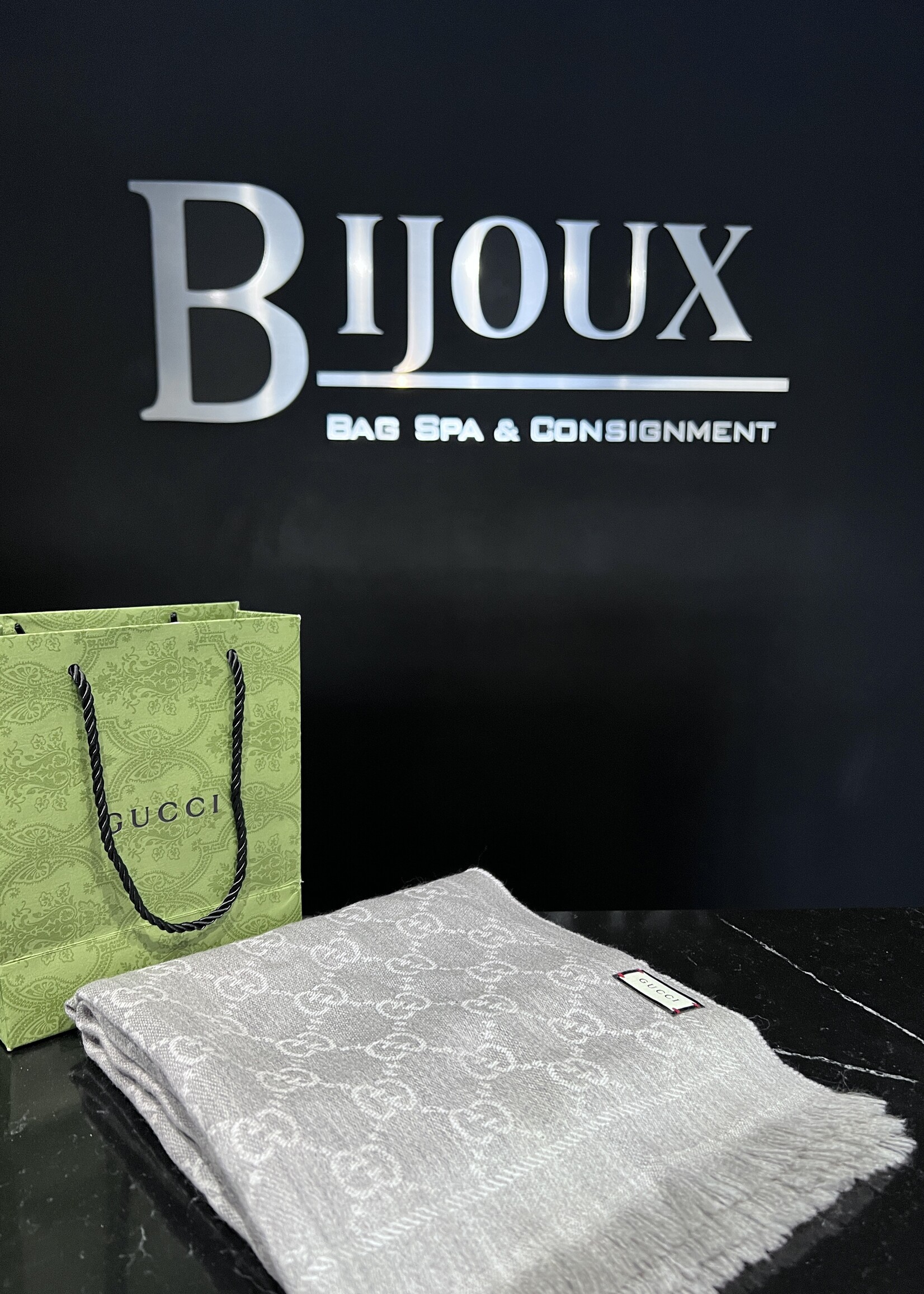 Gucci SOLD- Gucci Grey Monogram Scarf