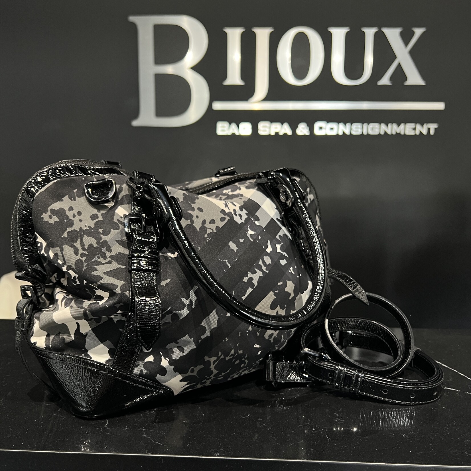 Burberry Burberry Patent Nylon Beat Check Floral Print Hobo Black