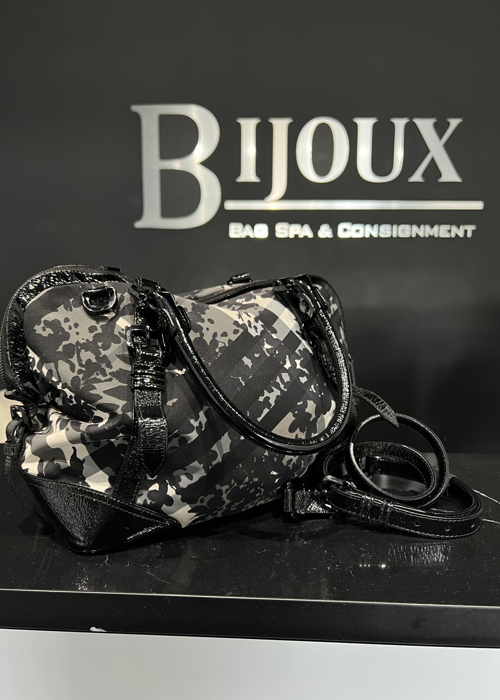 Burberry Burberry Patent Nylon Beat Check Floral Print Hobo Black