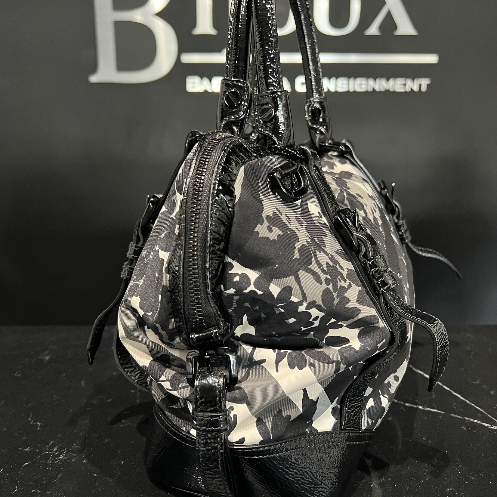 Burberry Burberry Patent Nylon Beat Check Floral Print Hobo Black