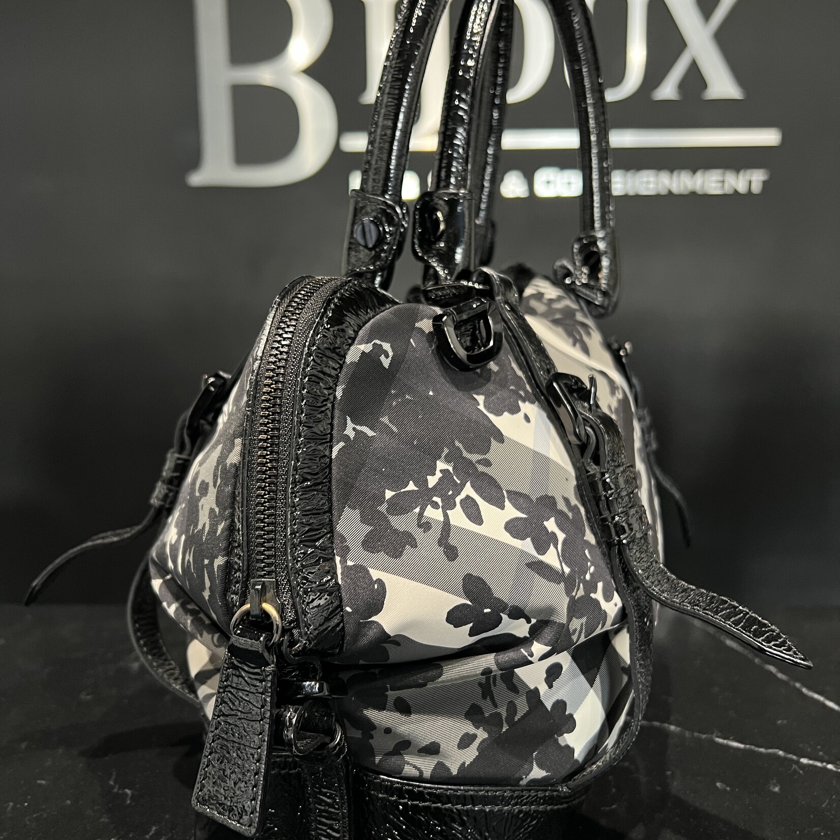 Burberry Burberry Patent Nylon Beat Check Floral Print Hobo Black