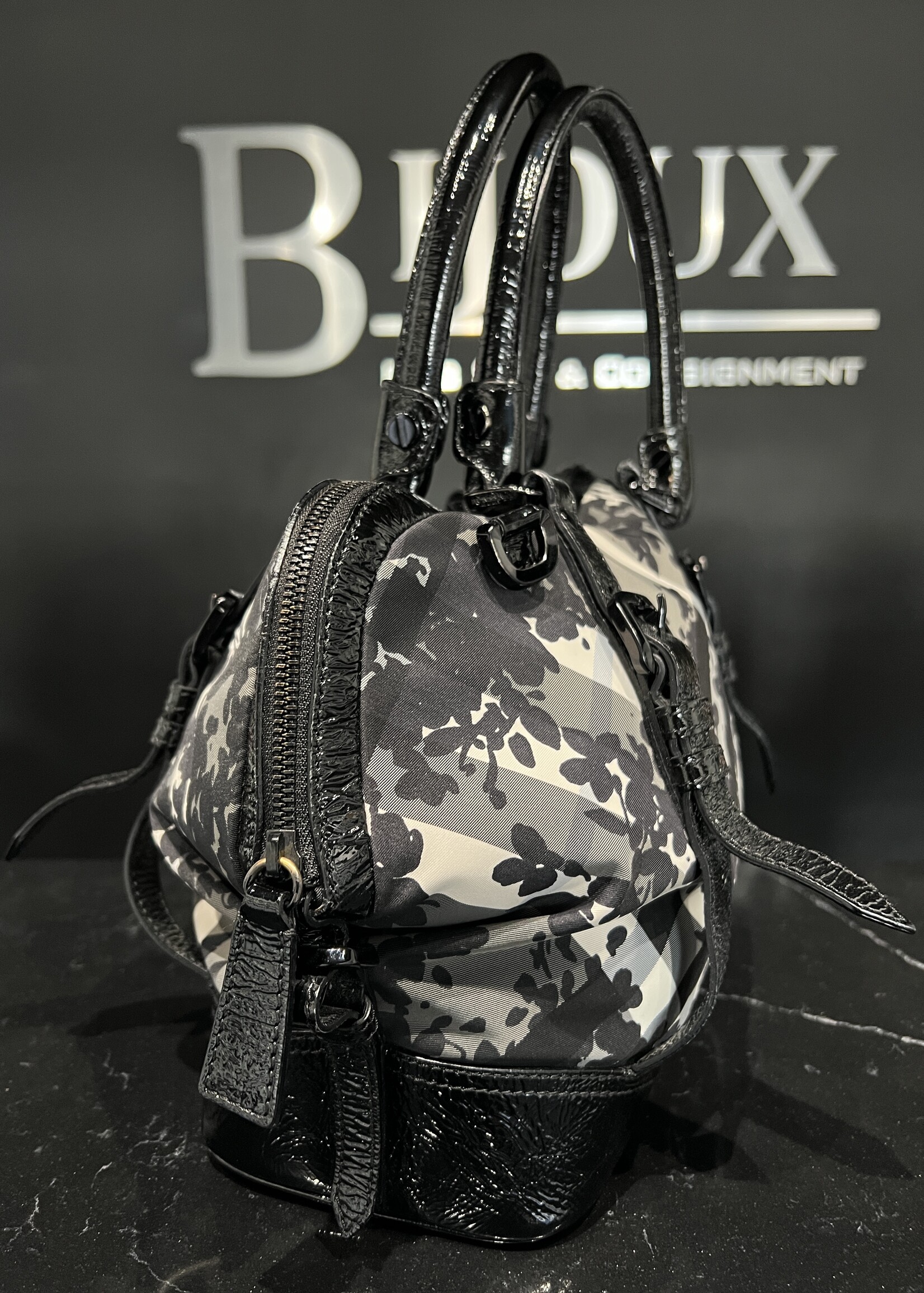 Burberry Burberry Patent Nylon Beat Check Floral Print Hobo Black
