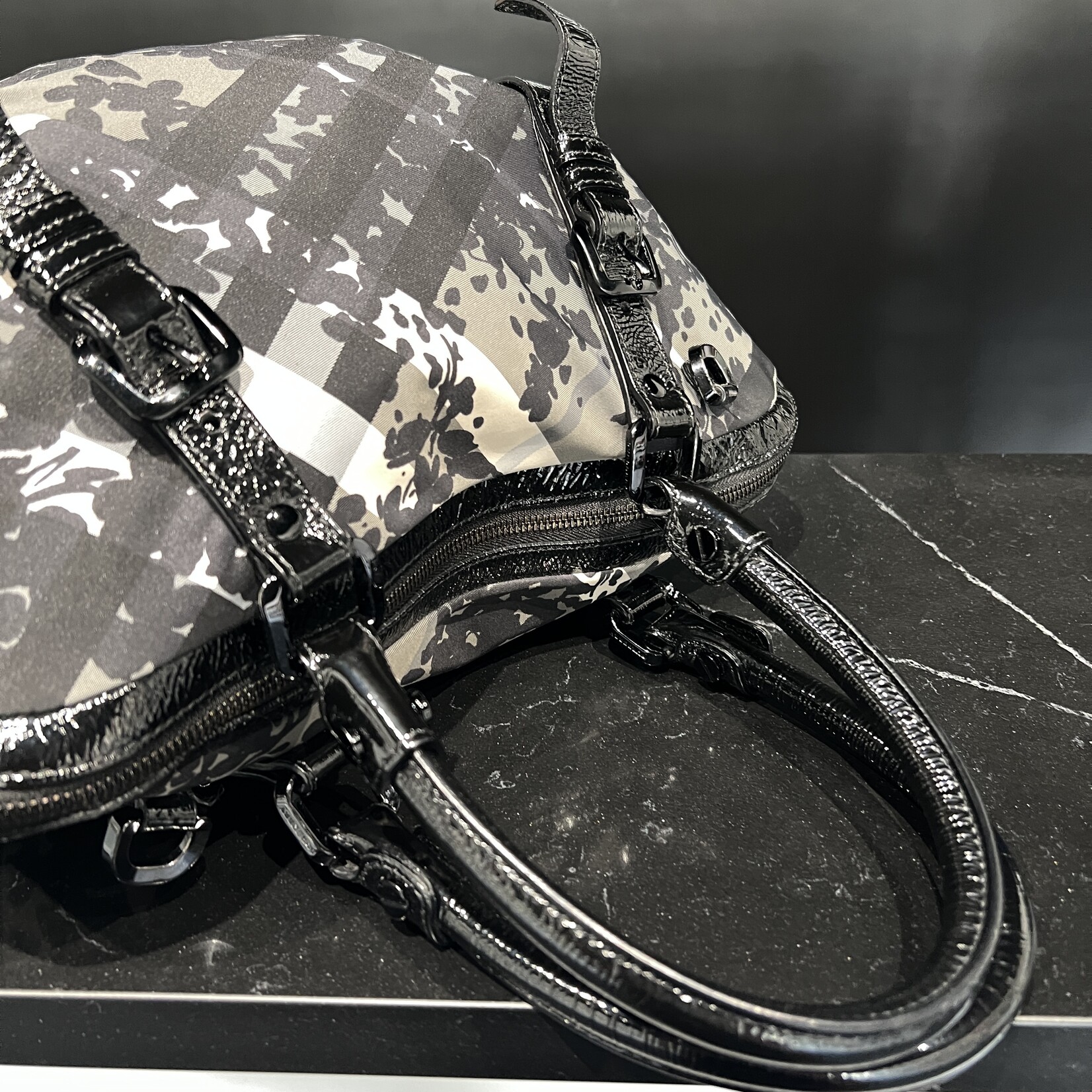 Burberry Burberry Patent Nylon Beat Check Floral Print Hobo Black