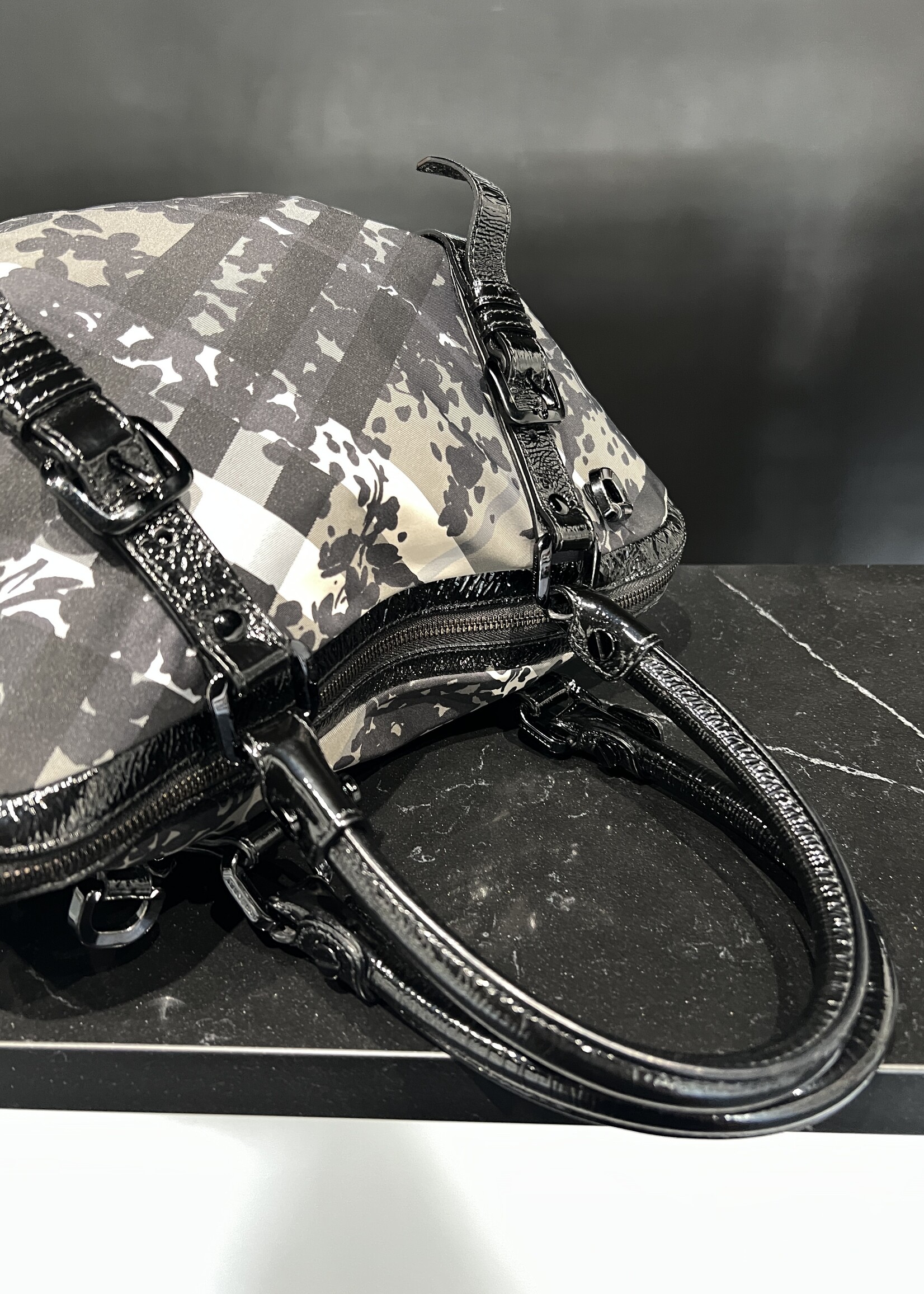 Burberry Burberry Patent Nylon Beat Check Floral Print Hobo Black